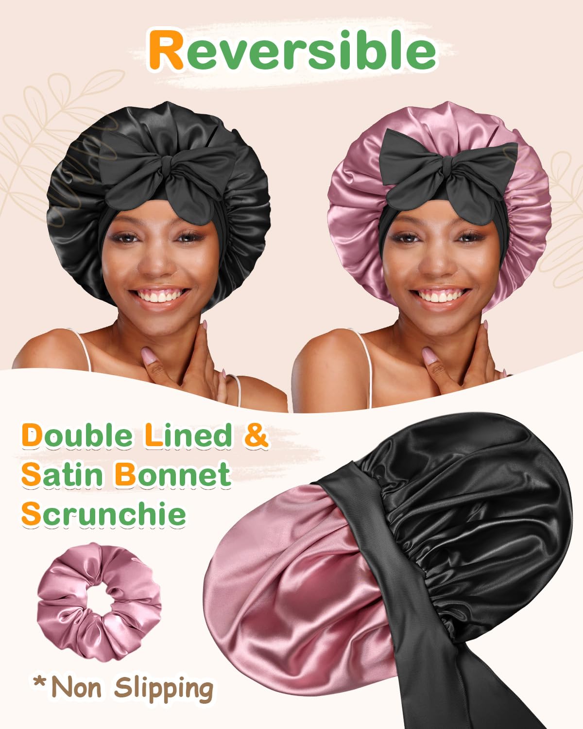 BONNET QUEEN Silk Bonnet for Sleeping Women Hyaluronic Acid Infused Satin Bonnet for Curly Hair Double Layer Hair Wrap Adjustable Sleep Cap with Tie Band & Scrunchie, Black & Rose 2