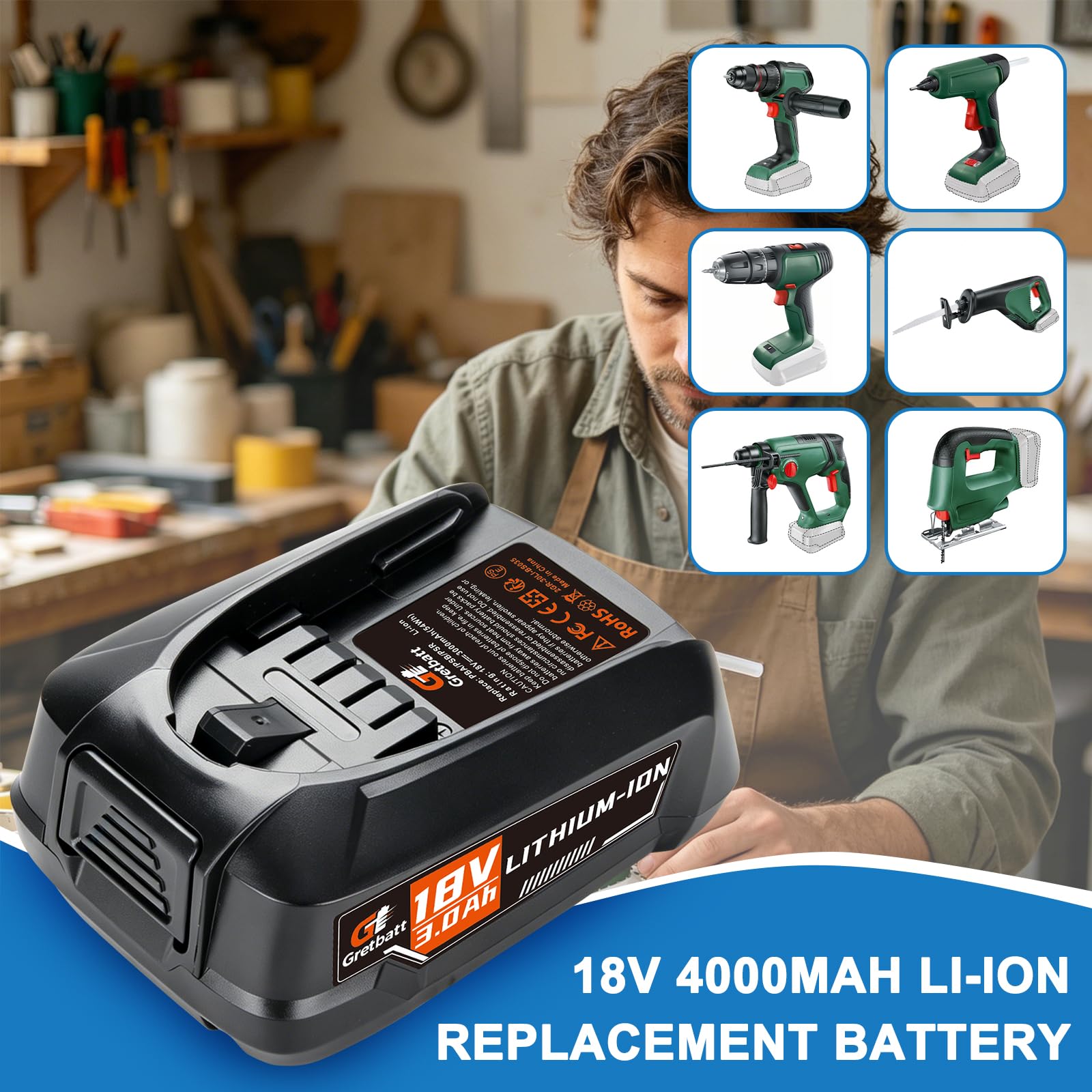 2X Baterías de Repuesto de 3000 mAh para Bosch Casa y Jardín, Herramientas de batería de 18 V para batería Gloria 18 V Bosch, Compatible con PBA, PSB, PSR (Cargador Incompatible: AL18V-44)