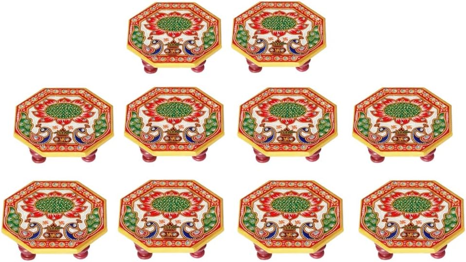 Handicrafts Paradise Marble Octagonal Puja Chowki Painted with Peacock Design-Set of 10 Pieces