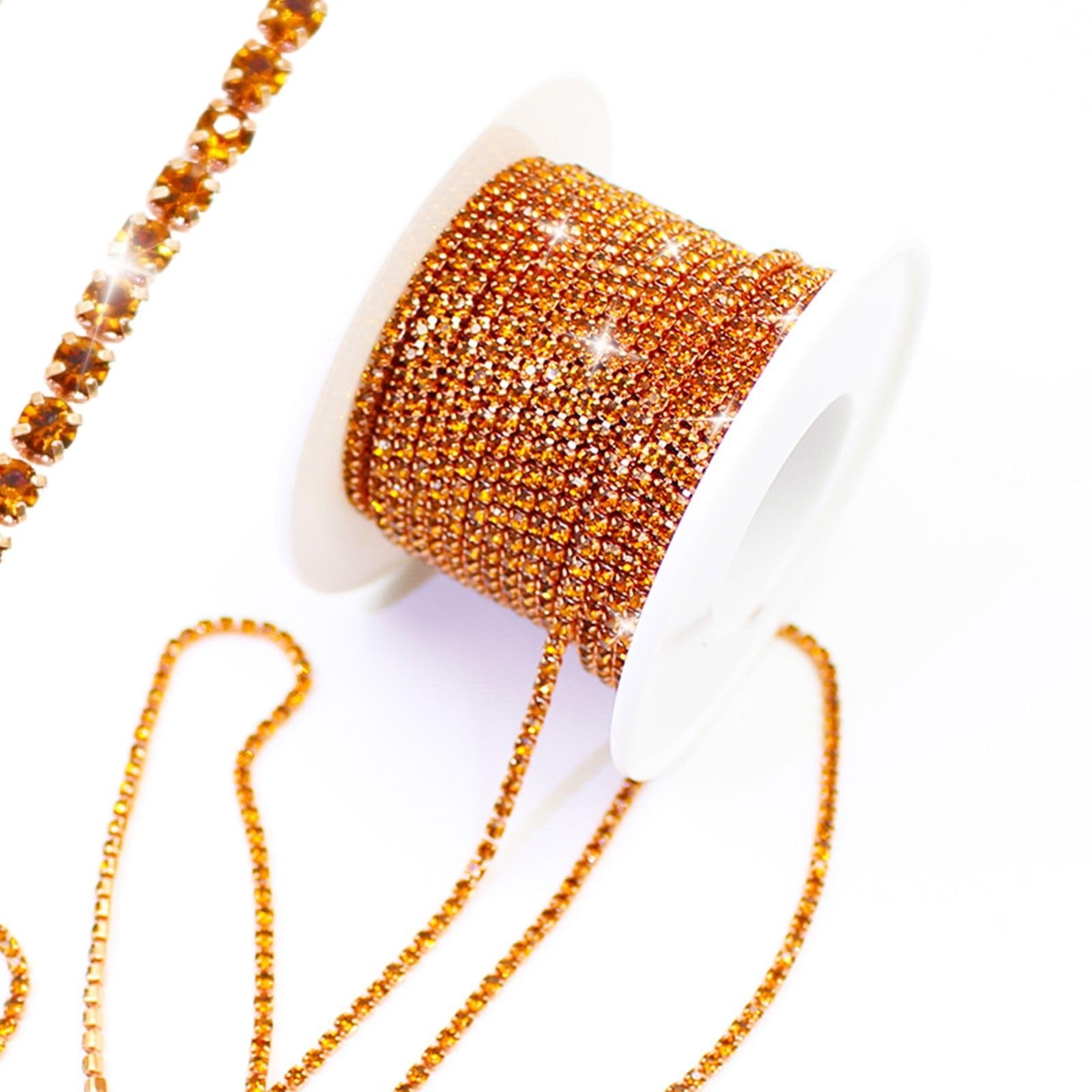 PEARLY JUN 10 Yards Orange Rhinestone Chain Topaz Rhinestone Trim Crystal Artificial Stone Trim Cup Chain SS6 2mm Color Plated Cup Stitch Costume Decoration