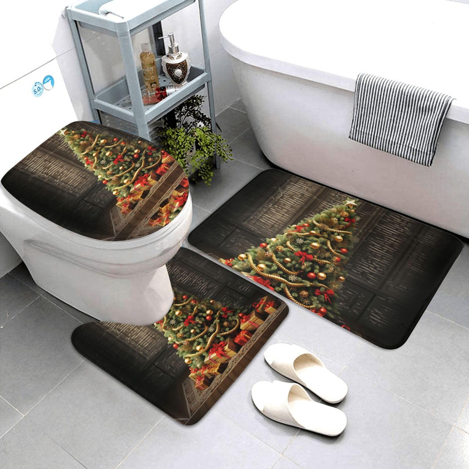 Dwrepo Christmas Tree Print Bathroom Rug Set 3 Piece with Non-Slip U-Shaped Contour Mat and Toilet Lid Cover for Bathroom Decoration