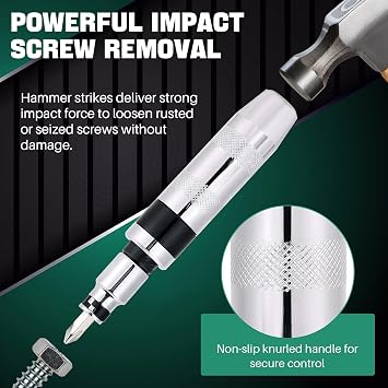 DASBET 13PCS 1/2 Drive Manual Impact Driver Set | Hand Impact Driver Extractor Reversible Hand Screwdriver Set with Slotted, Phillips & Hex Bits for Tighten Rusted Fasteners