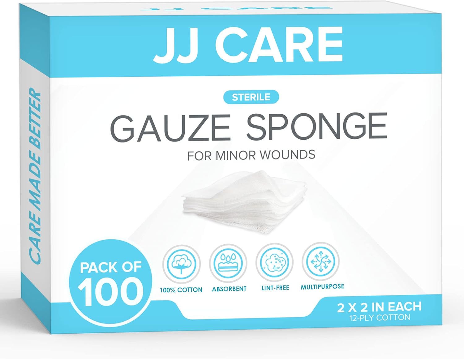 JJ CARE 2x2 Sterile Gauze Pads [Box of 100] 12Ply Cotton Gauze Pads