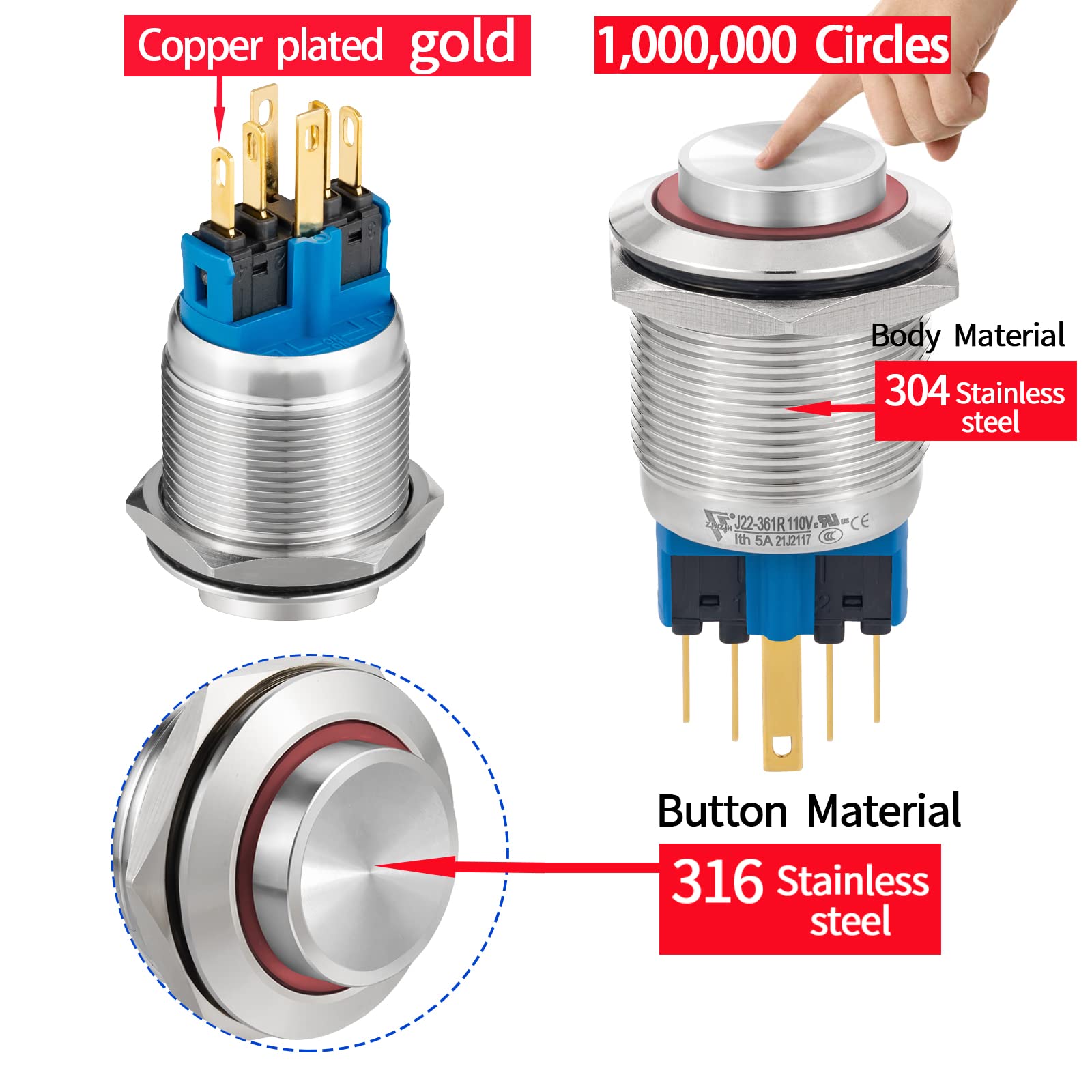 Snapklik.com : UL Listed 2PCS 22mm Push Button Switch Latching High ...