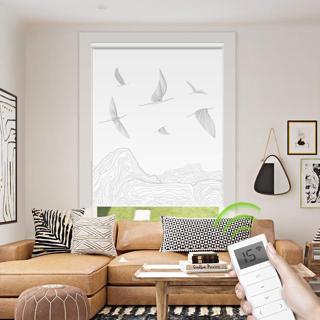 Motorized Roller Shade Painting Print, Blackout Window Blinds Customized Size and Picture, Remote Wireless Smart Electric Shade Compatible with Alexa for Home Office (Fly Bird Printed)