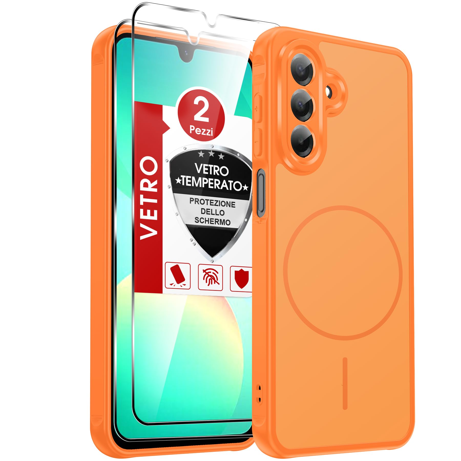 LeYi Cover Magnetica per Samsung Galaxy A26 5G con 2 Pezzi Vetro Temperato, Custodia per A 26 Traslucida Opaca Anti-Impronte Resistente ai Graffi Paraurti in TPU Antiurto Protettiva Case, Arancione