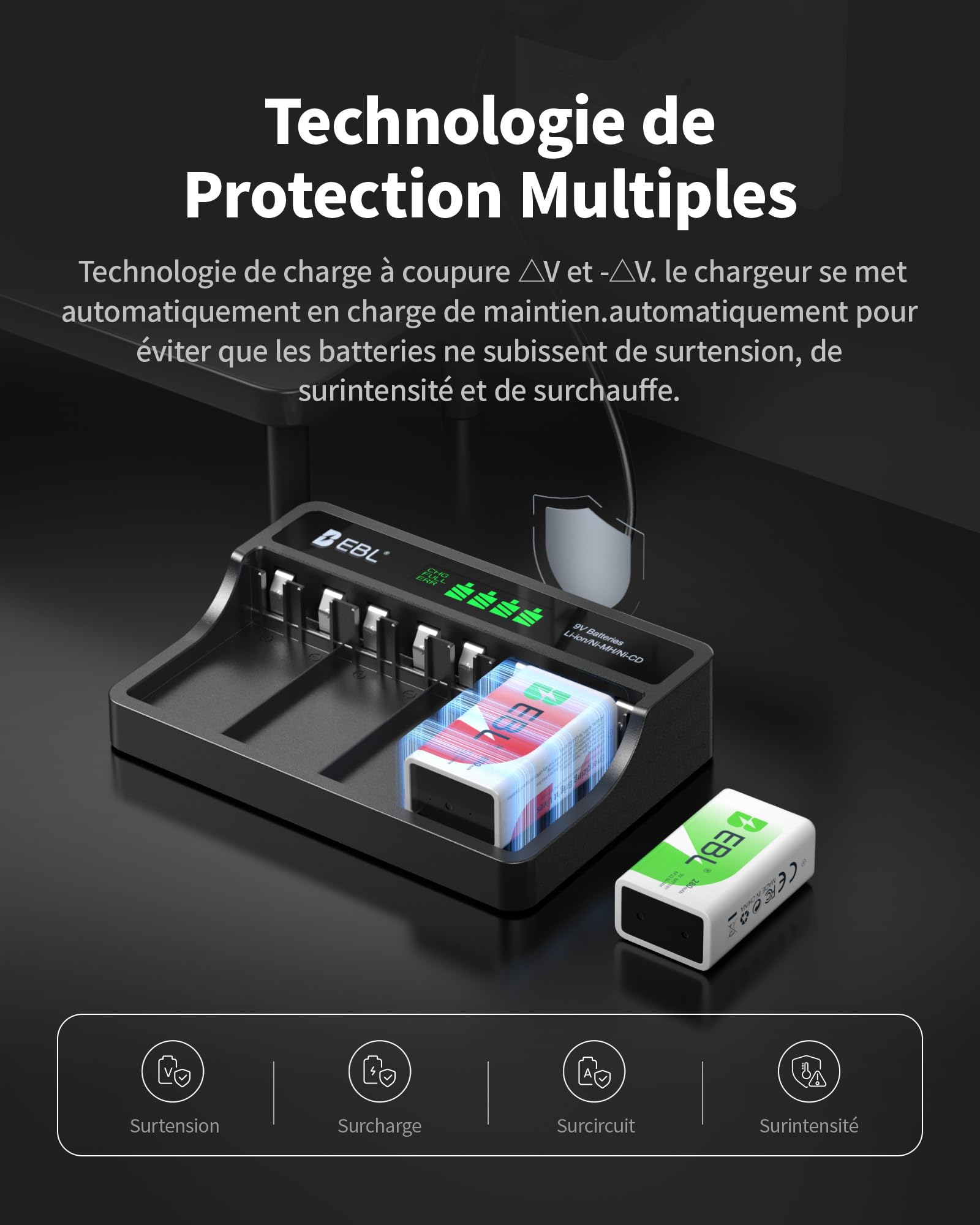 EBL Chargeur de Piles 9V Rechargeables (LCD Chargeur + 4 x 9V Piles)