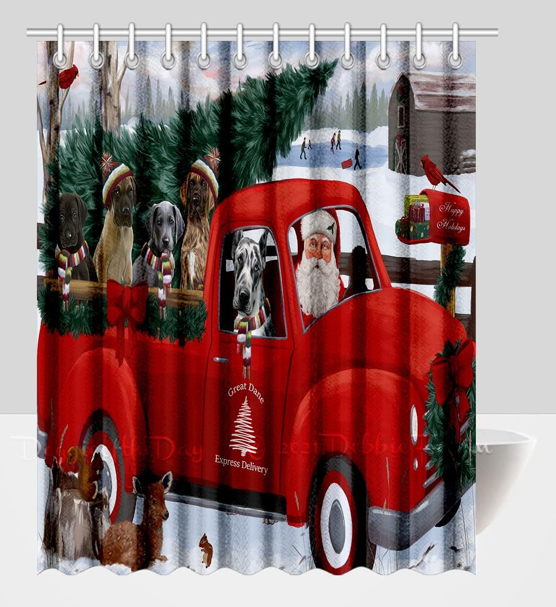 Christmas Santa Express Delivery Red Truck Great Dane Dog Shower Curtain - Waterproof Polyester One-Side Printing Pet Bathtub Curtain Decor Curtain for Bathroom with Hooks, 36"x72"