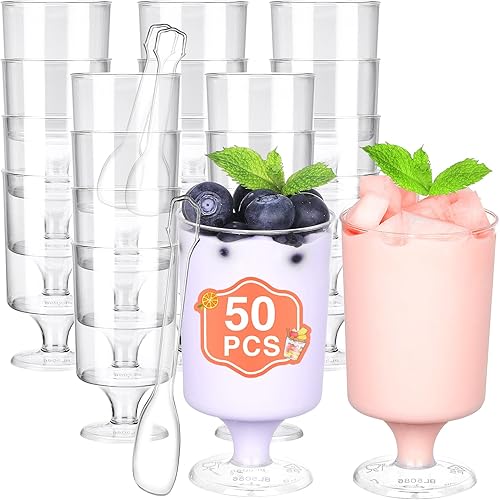 Eupako Mini tazas de postre con cucharas de 4 onzas líquidas  Vasos de plástico transparente para parfait, taza pequeña redonda para aperitivos,