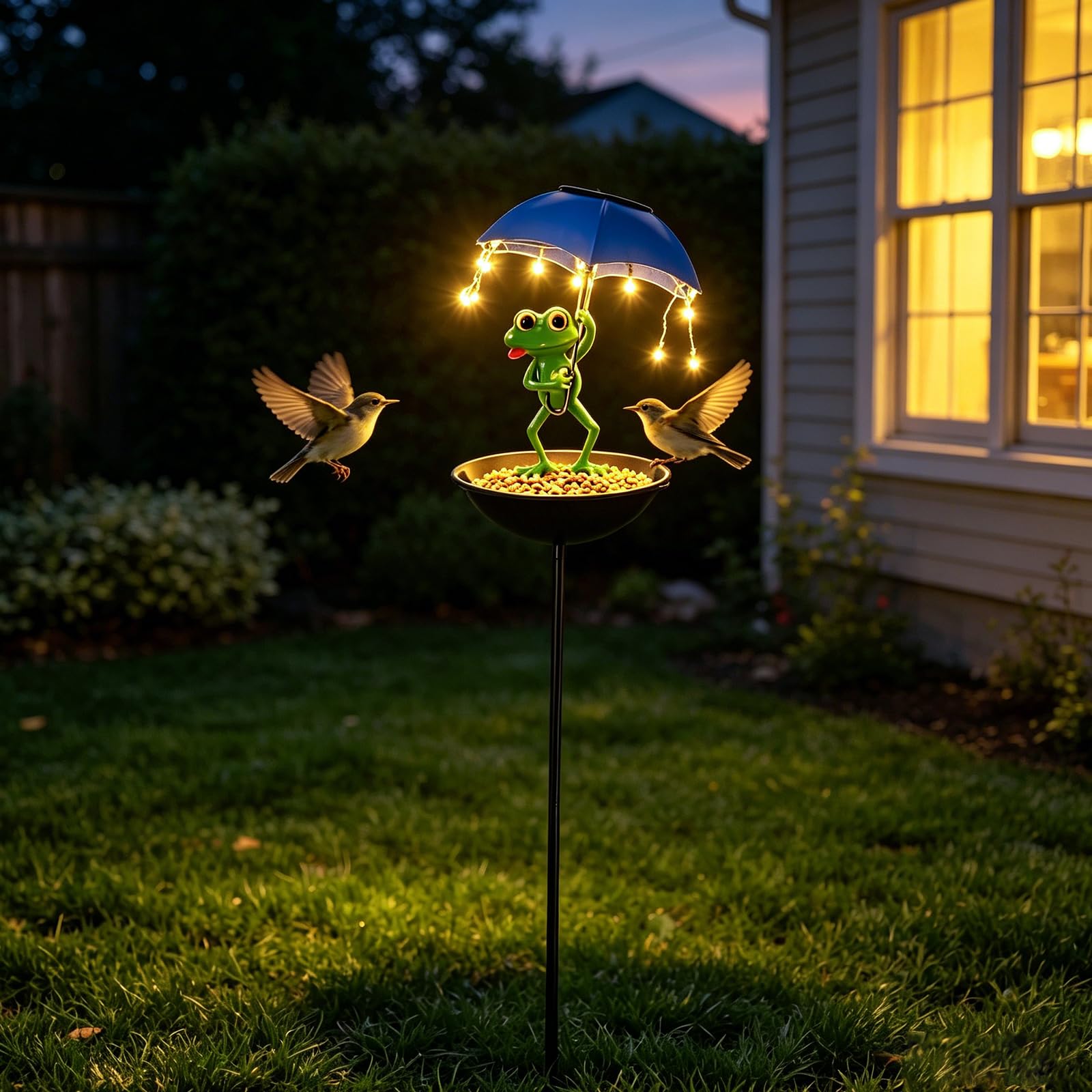 Mangiatoia a energia solare a forma di rana, per esterni, decorazione da giardino con ombrello, ciotola, mangiatoia decorativa per giardino, terrazza, prato, laghetto, cortile