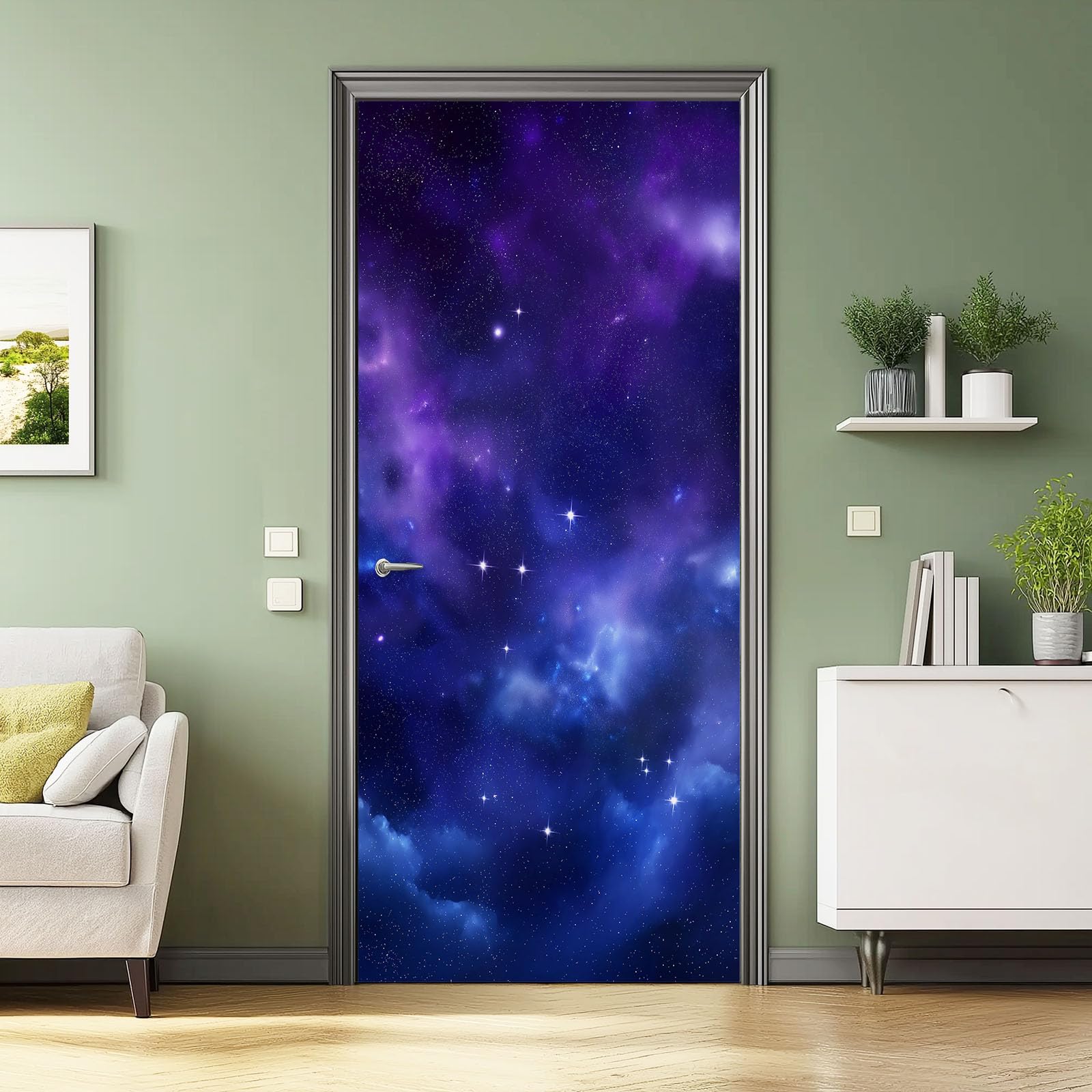 2 adesivi per porta con nebulosa galassia, decalcomania adesiva per porta, motivo cielo stellato fantasy, in PVC, impermeabile, per armadio, casa, ufficio, decorazione, blu scuro, carta da parati
