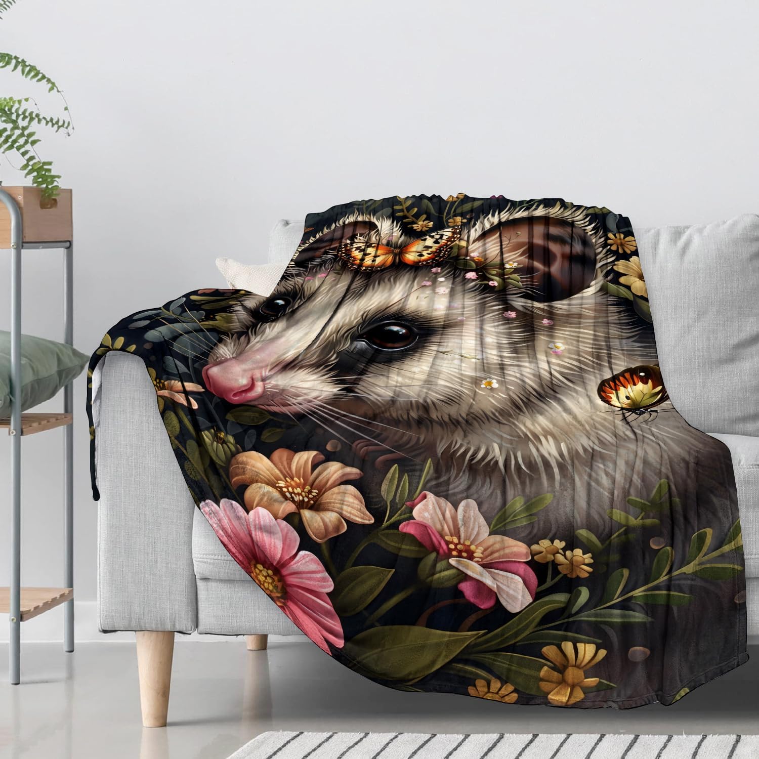 Cute Opossum Floral Flannel Throw Blanket 50x60 Inch, Adorable Animal with Butterfly and Wildflower Blankets Soft Cozy Fleece Throws for Possum Lover Bed Sofa Dorm Living Room Decor Gifts - Image 3