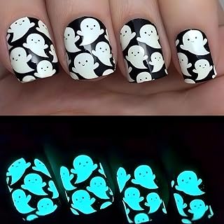 Halloween Press on Nails Short Square Fake Nails Cute Ghosts Glue on Nails Black & White Full Cover Nails Press ons Glow in The Dark Acrylic Nails Halloween False Nails for Women 24 Pcs