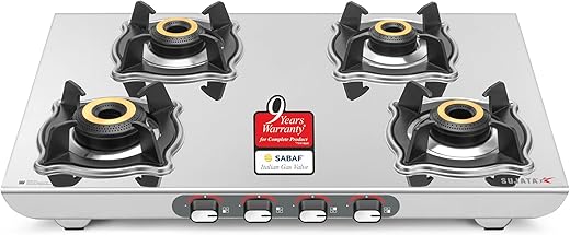 Sujata Majestic Manual Ignition Gas Stove | 9 Years Warranty | Gas Stove 4 Burners Steel Body, 4 Burner Stove, SABAF, ISI Certified, LPG & PNG…