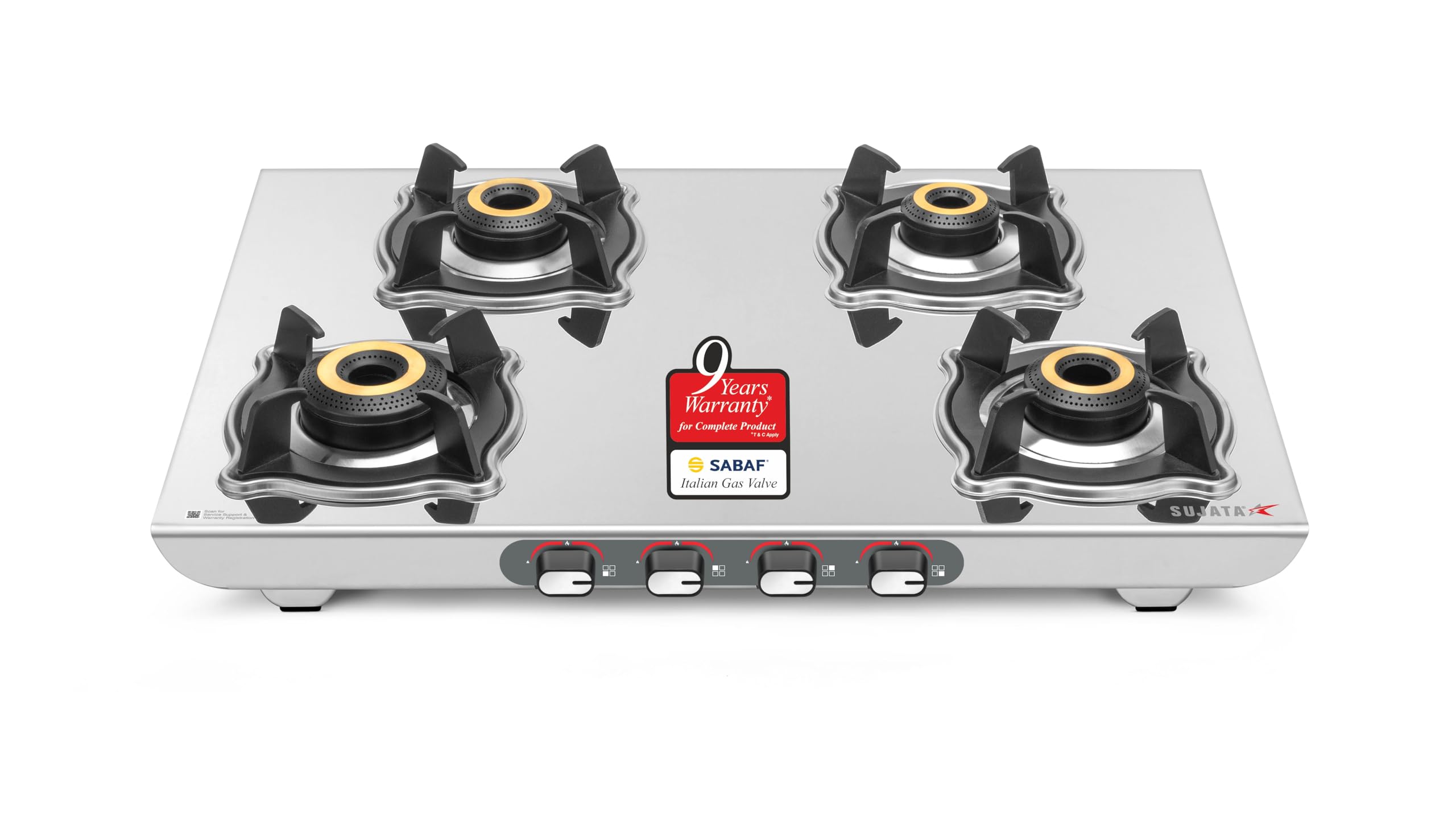 Sujata Majestic Manual Ignition Gas Stove | 9 Years Warranty | Gas Stove 4 Burners Steel Body, SABAF, ISI Certified, LPG & PNG Compatible, Jumbo Brass Burners (Stainless Steel)