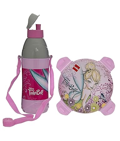 Tiffy Gift Set Insulated Lunch Box 460ml with Stainless Steel Inner & Plastic Water Bottle 400ml (Tinker Bell), Pink