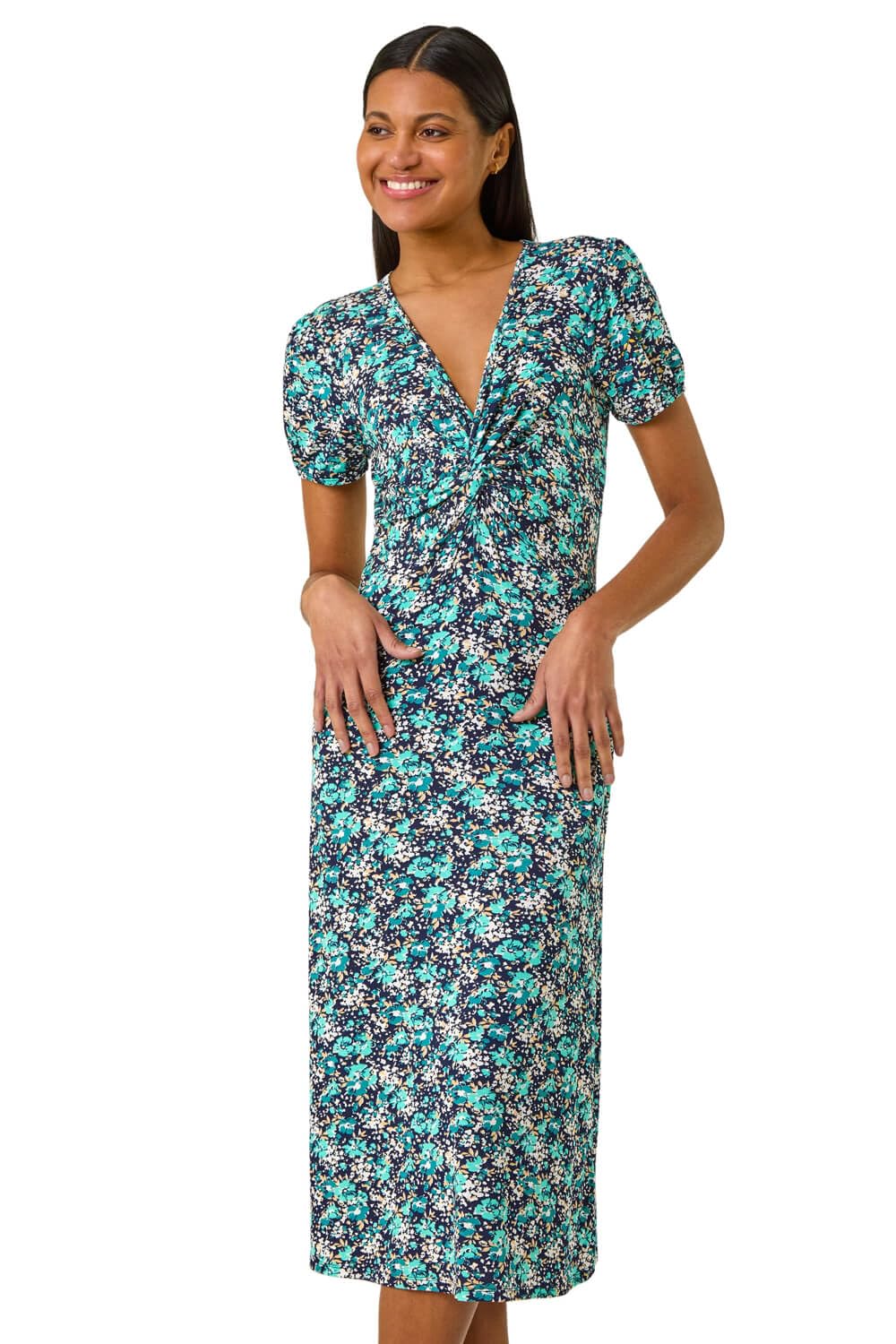 Roman Women's Navy Floral Front Twist Stretch Midi Dress In | Size: 20