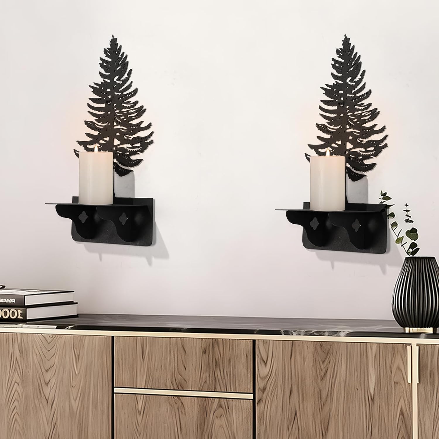 Black Candle Holder, Wispy Pine Tree Black Metal Candlestick Holders, Metal Candle Holders, Candlestick Holders, Tree Wall Decor for Living Room (Black 2, 6.2X 12.6inches, 2 Pieces)
