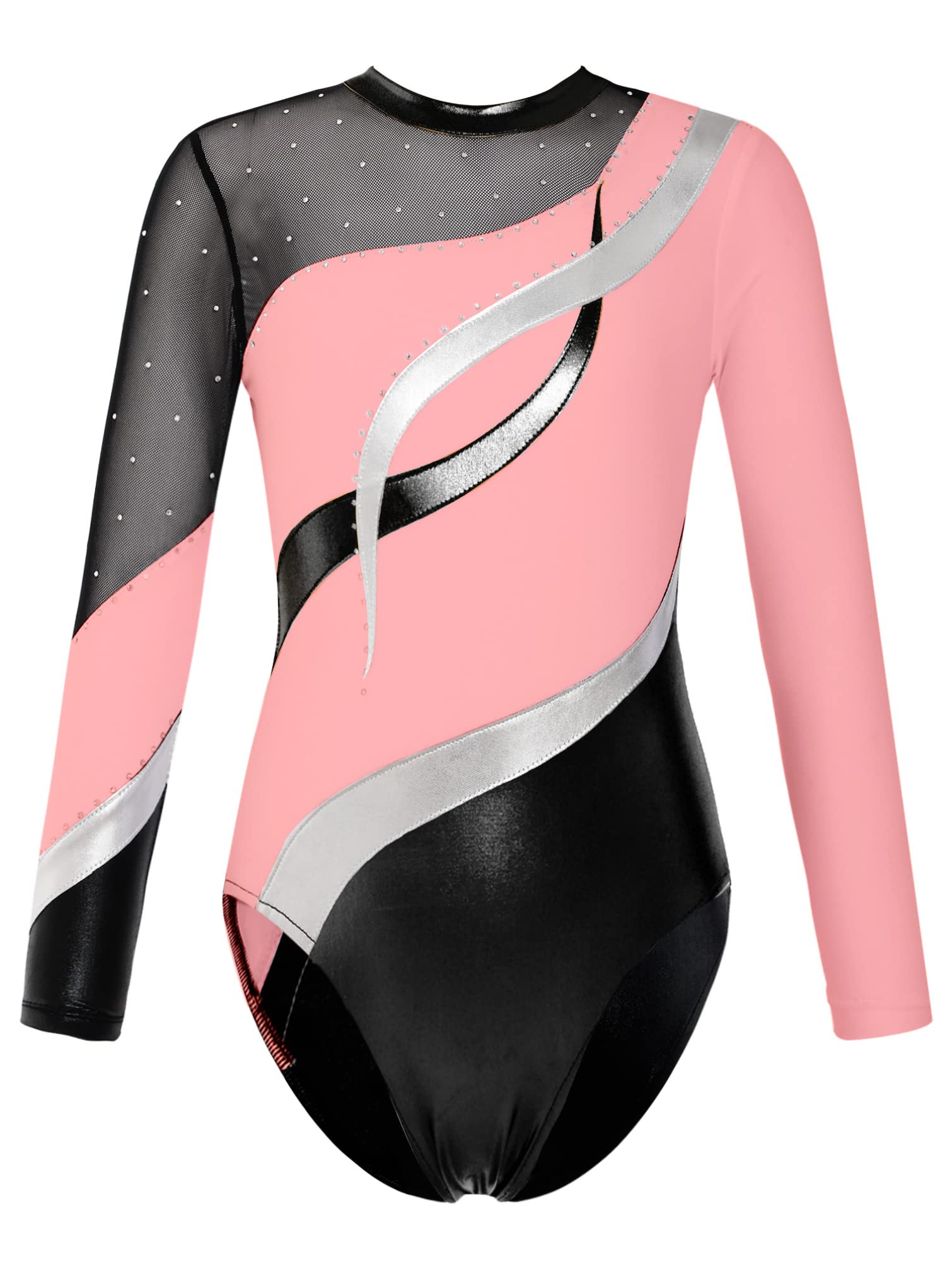 TiaoBug Mädchen Langarm Turnanzug Metallic Gestreifter Gymnastikanzug mit Sport BH und Lange Hose Ganzkörper Ballett Anzug Tanz Trikot Eislaufen Leotard