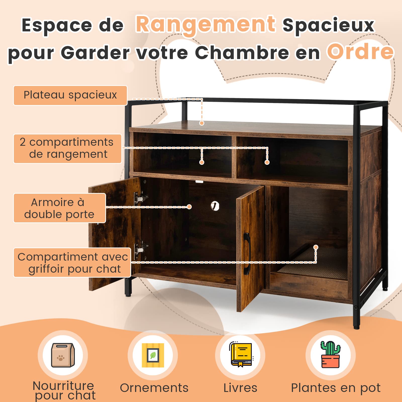 COSTWAY Meuble Litiere Chat en Bois, Meuble Cache Litiere Double Porte 2 en 1, Planche à Griffer Amovible, Cadre en Métal, 1 Passe-Câble, 2 Compartiments, Maison de Toilette Chat, Café