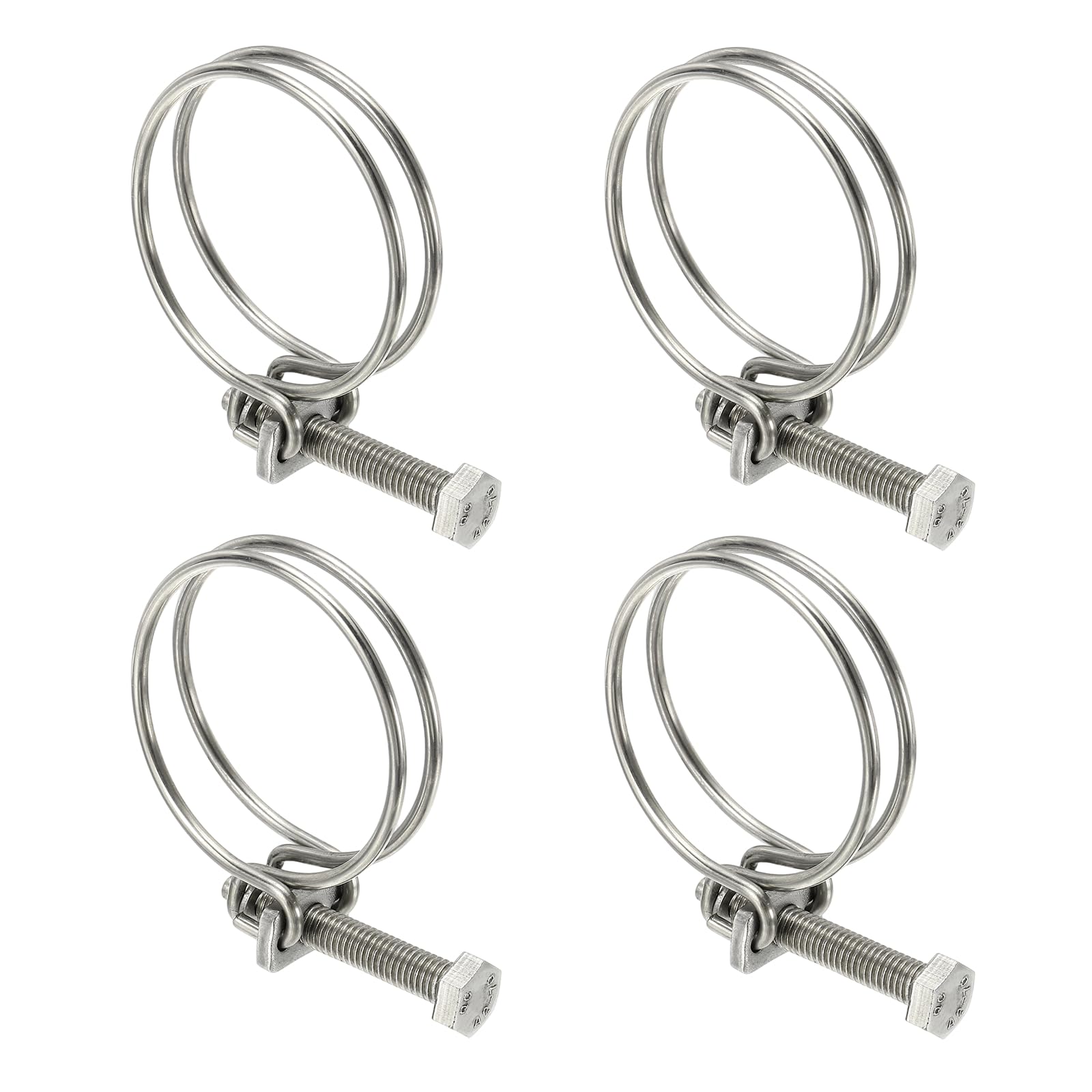 sourcing map 4 Pcs Double Wire Hose Clips 46-51 mm 304 Stainless Steel Adjustable Wire Pipe Tube Clamps with M8 Screw Plumbing Joint Fastener for Dust Collection Pool Pond, Silver