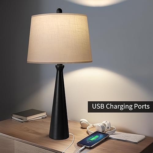 Miniatura 4 de Oneach Juego de 2 lámparas de mesa modernas de 25.75 pulgadas, lámparas de noche con puertos USB, juego de lámparas de mesita de noche negras para