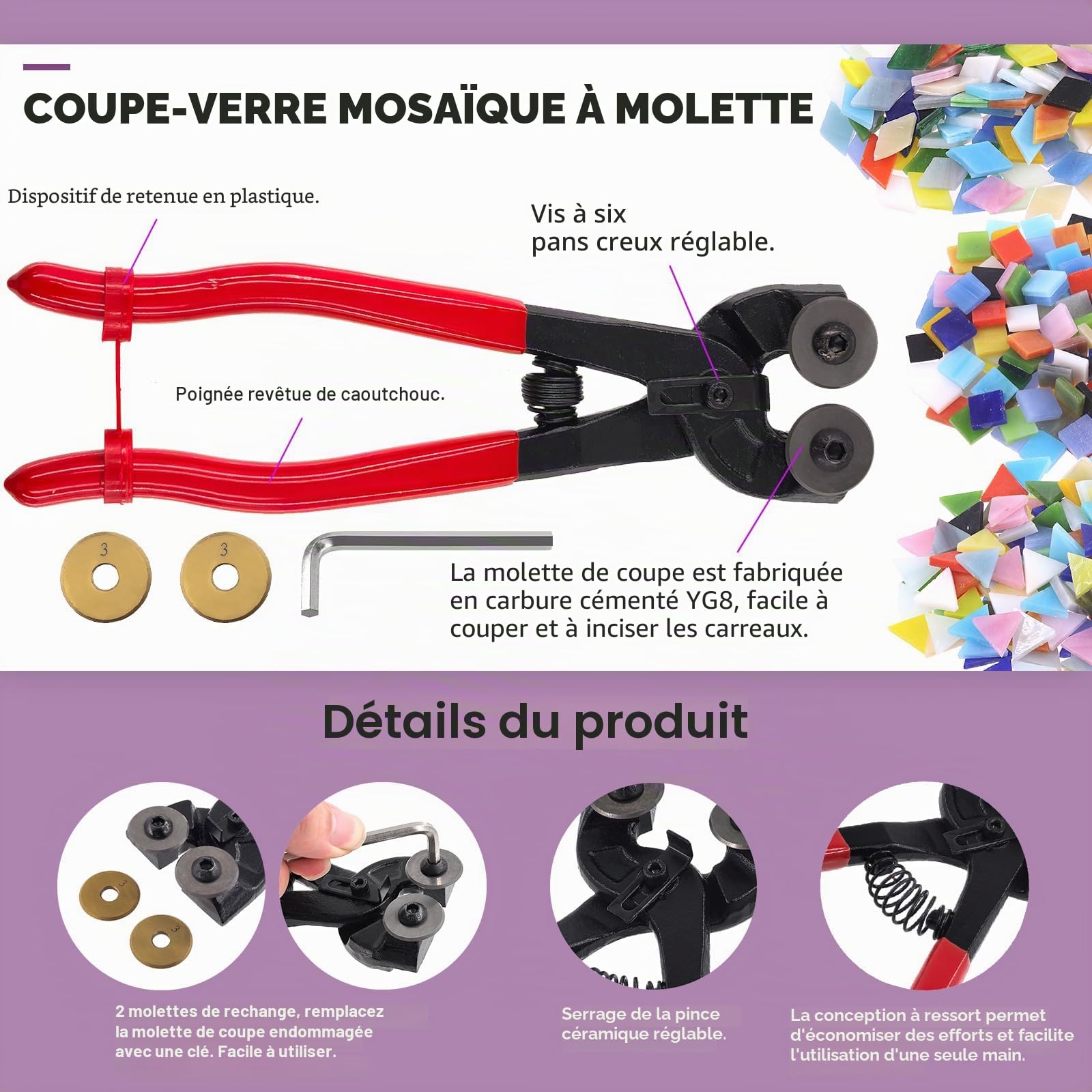 Swpeet Kit de 10 outils de coupe de verre, pince à carrelage à roues en mosaïque de verre, pince à coudre, pince à épiler en carbure de tungstène, coupe-verre à alimentation en huile, gants, sac à