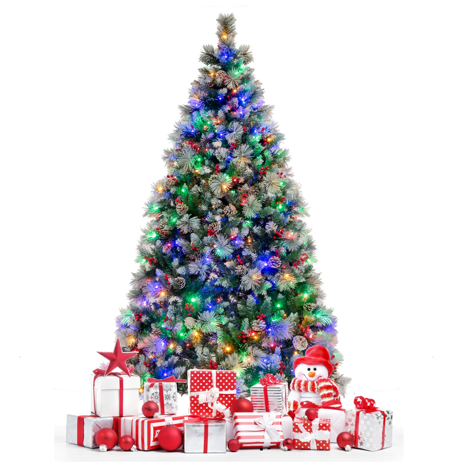 COSTWAY Arbol de Navidad con Luces Incorporadas 215cm, Agujas de Pino, 70 Conos de Piña y 70 Bayas Rojas, 400 Luces LED, 11Modos, 1116 Puntas de PVC, Arvore de Natal w/Light