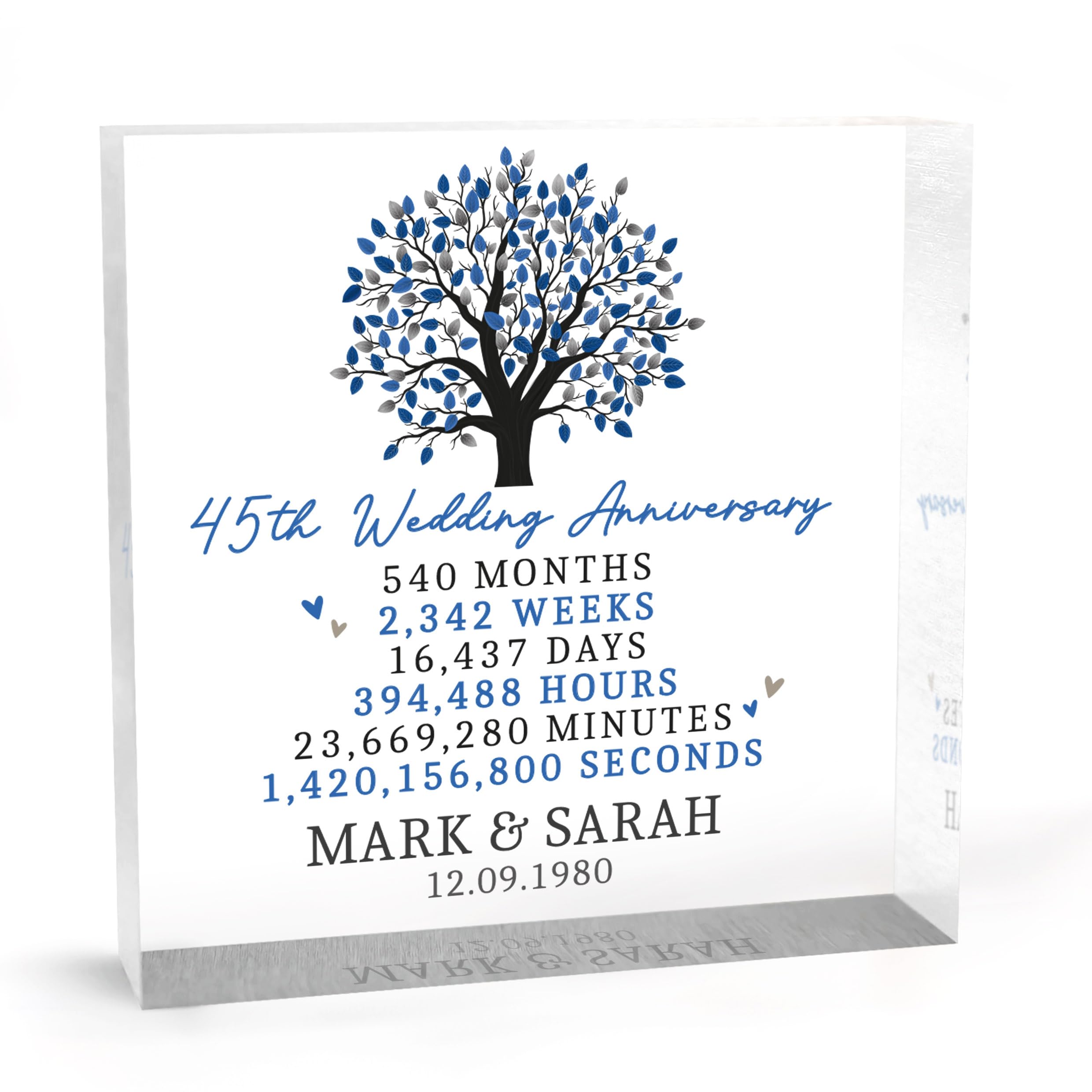 Beecreative Personalised 45th Wedding Anniversary Gifts - Clear Acrylic Plaque Keepsake - Sapphire Anniversary Present For Couples - With Grey Bag