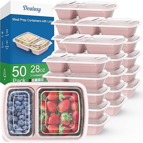 50 Pack (100-Piece) 28 oz Meal Prep Containers Reusable with Lids 2-Compartment, Sturdy Leakproof Food Safe, Microwave Freezer Dishwasher Safe, To Go Take Out Plastic Food Storage, Pink