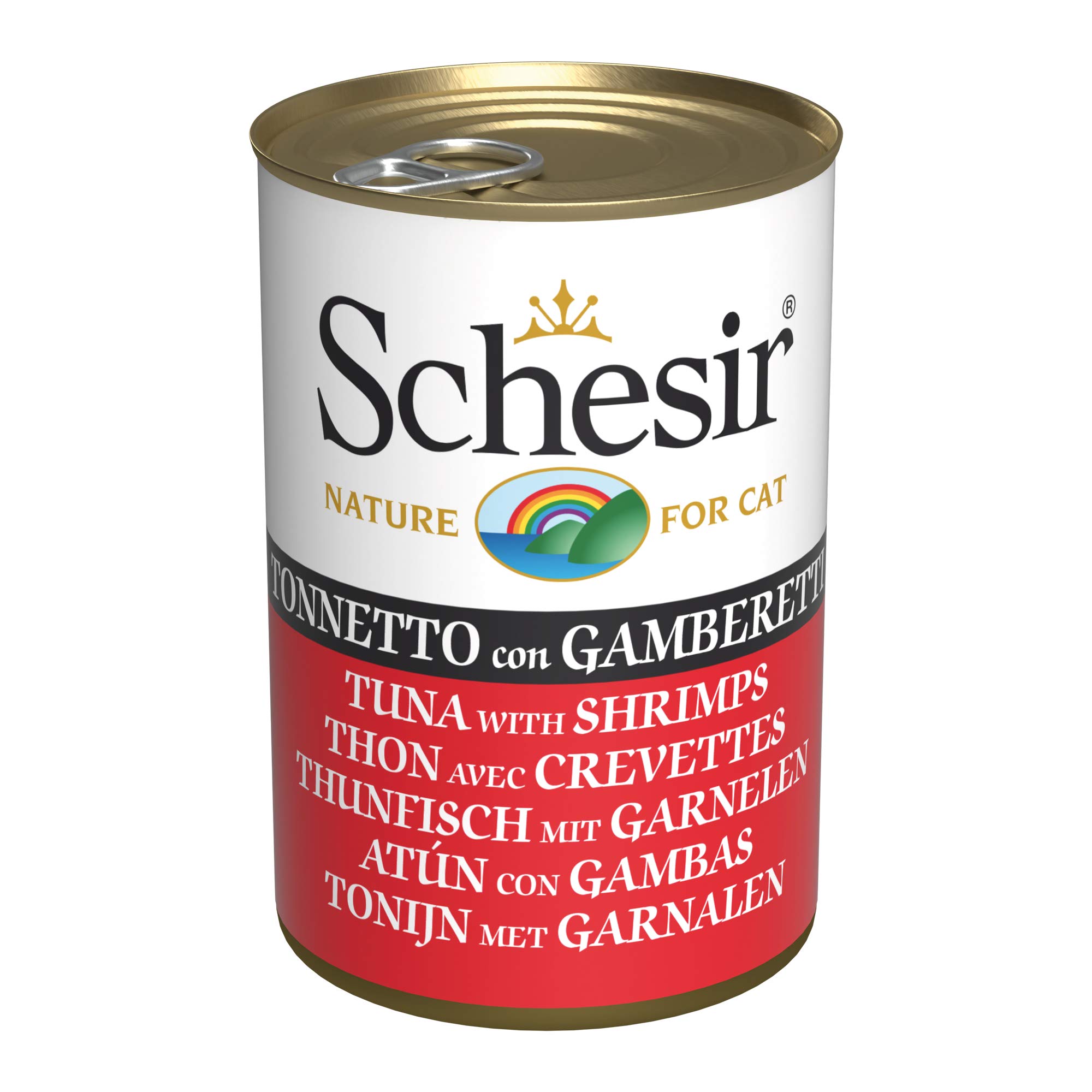 Schesir, Cibo Umido per Gatti Adulti al Gusto Tonnetto con Gamberetti Preparato in Morbida Gelatina - Totale 0,84Kg (6 Lattine da 140G)