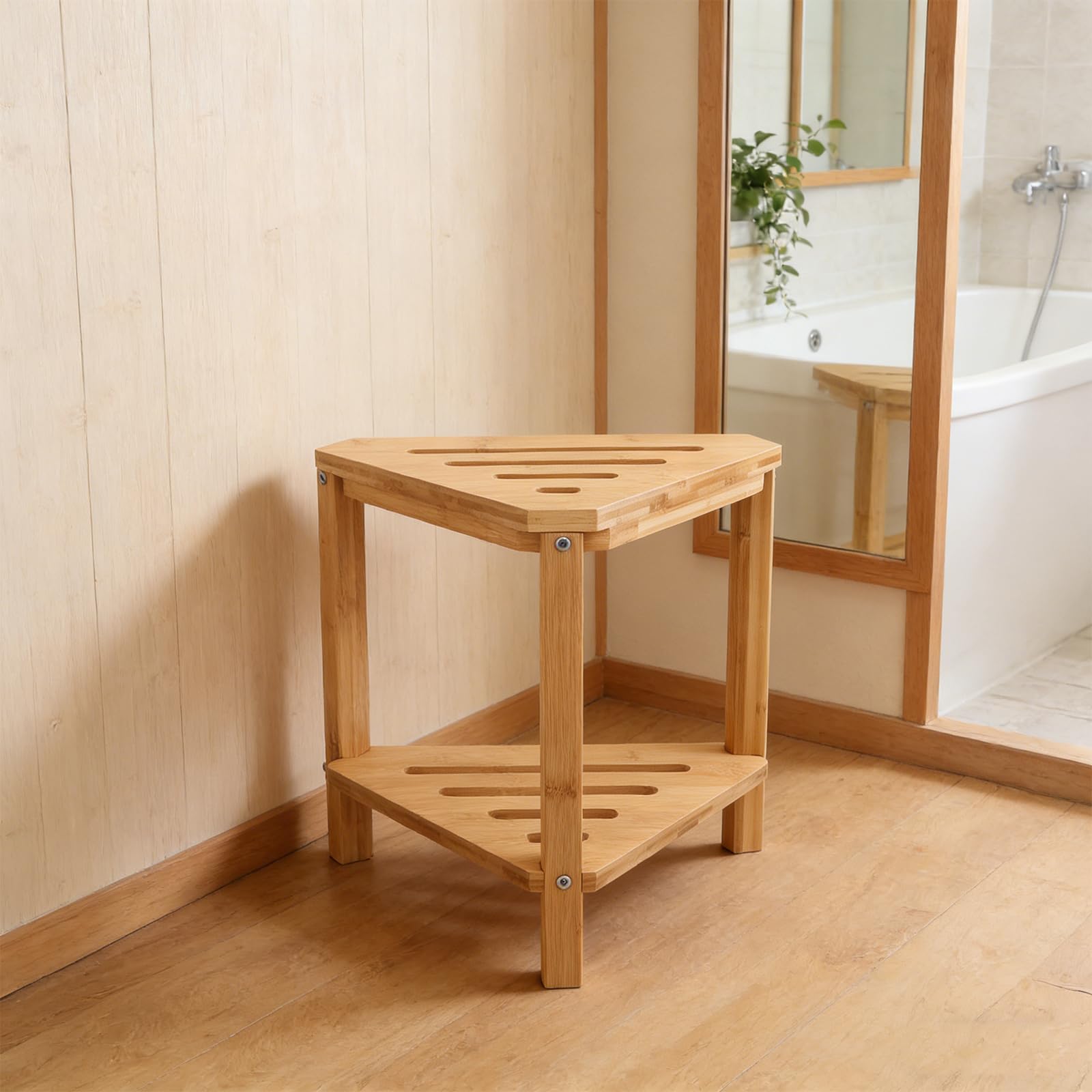 KICHOUSE Bamboo Shower Bench with Storage Shelf Shower Stool for Legs Shaving with Non-slip Base Corner Bathroom Organizer for Extra Space