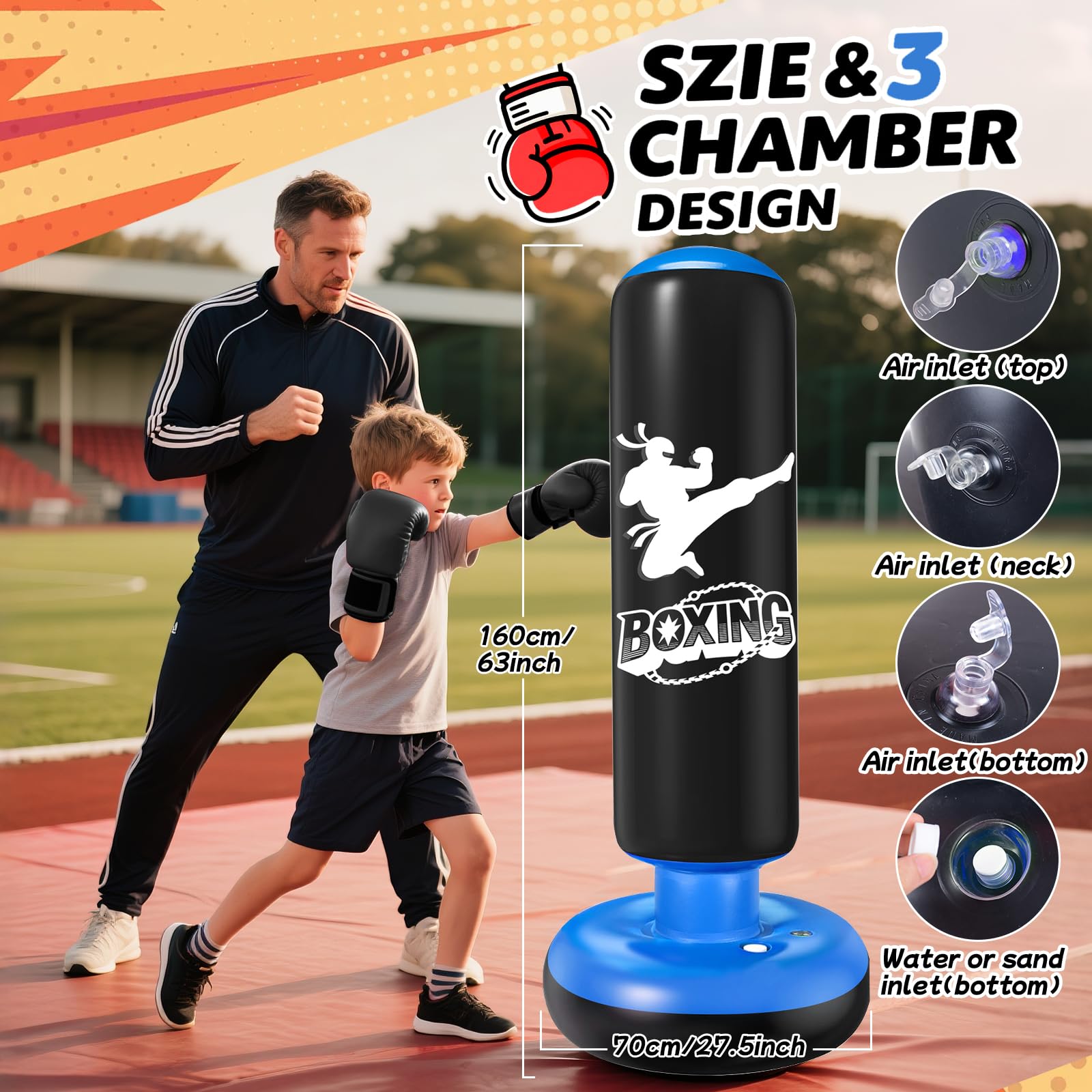 Ninonly Boxsack Kinder Stehend mit Boxhandschuhen 160cm Ultra Verstärkte PVC Aufblasbarer Boxsack Standboxsäcke für Kinder Geschenk für Jungen & Mädchen im Alter von 3-12 Jahren für Karate,Taekwondo