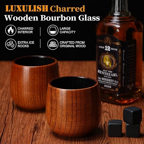 Miniatura 2 de Vaso de bourbon de madera carbonizada grande de 10 onzas, incluye 3 rocas de whisky de hielo, la taza de whisky de madera original, vasos de bebida