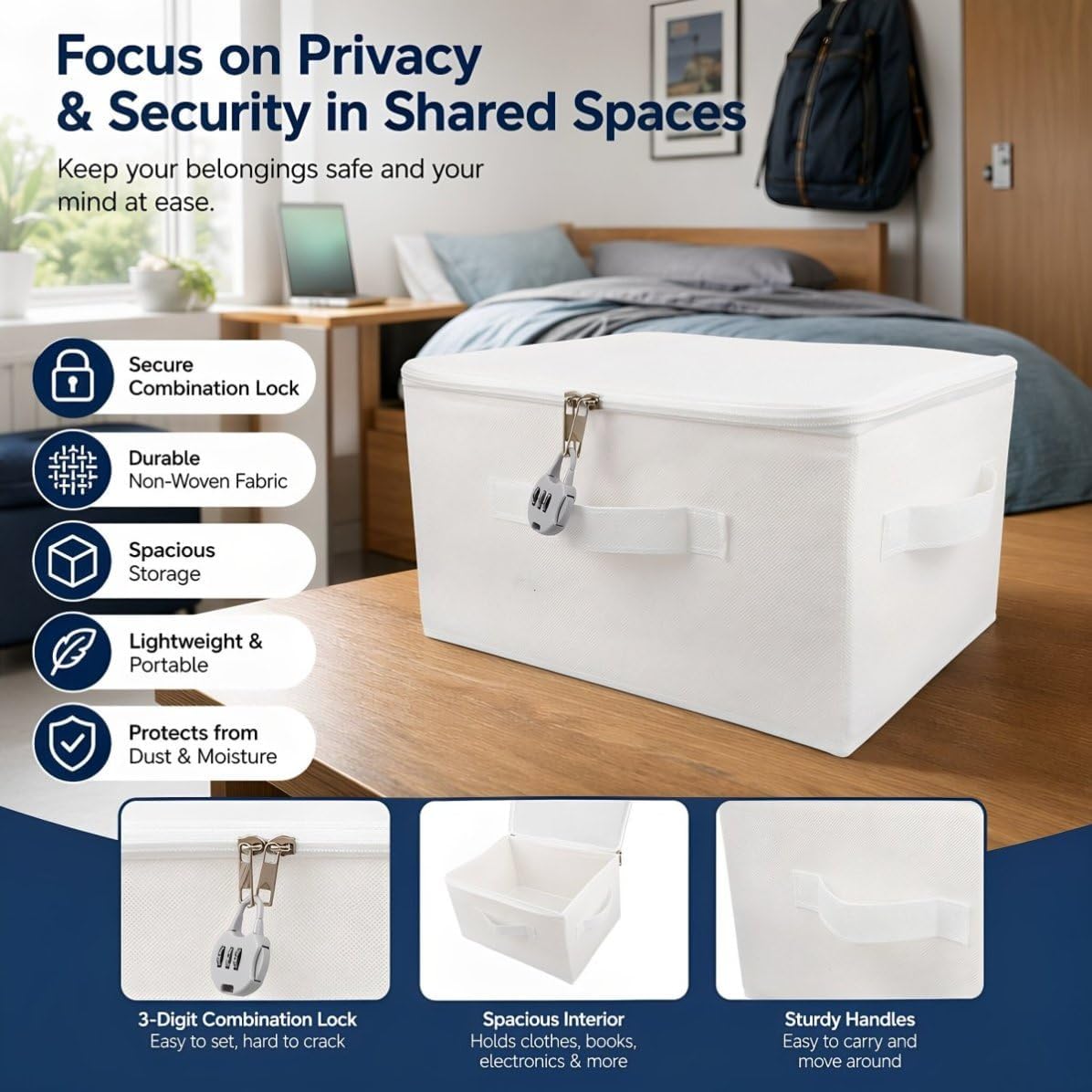 Private Storage Container with Lock, Medium White Non Woven Organizer image 3