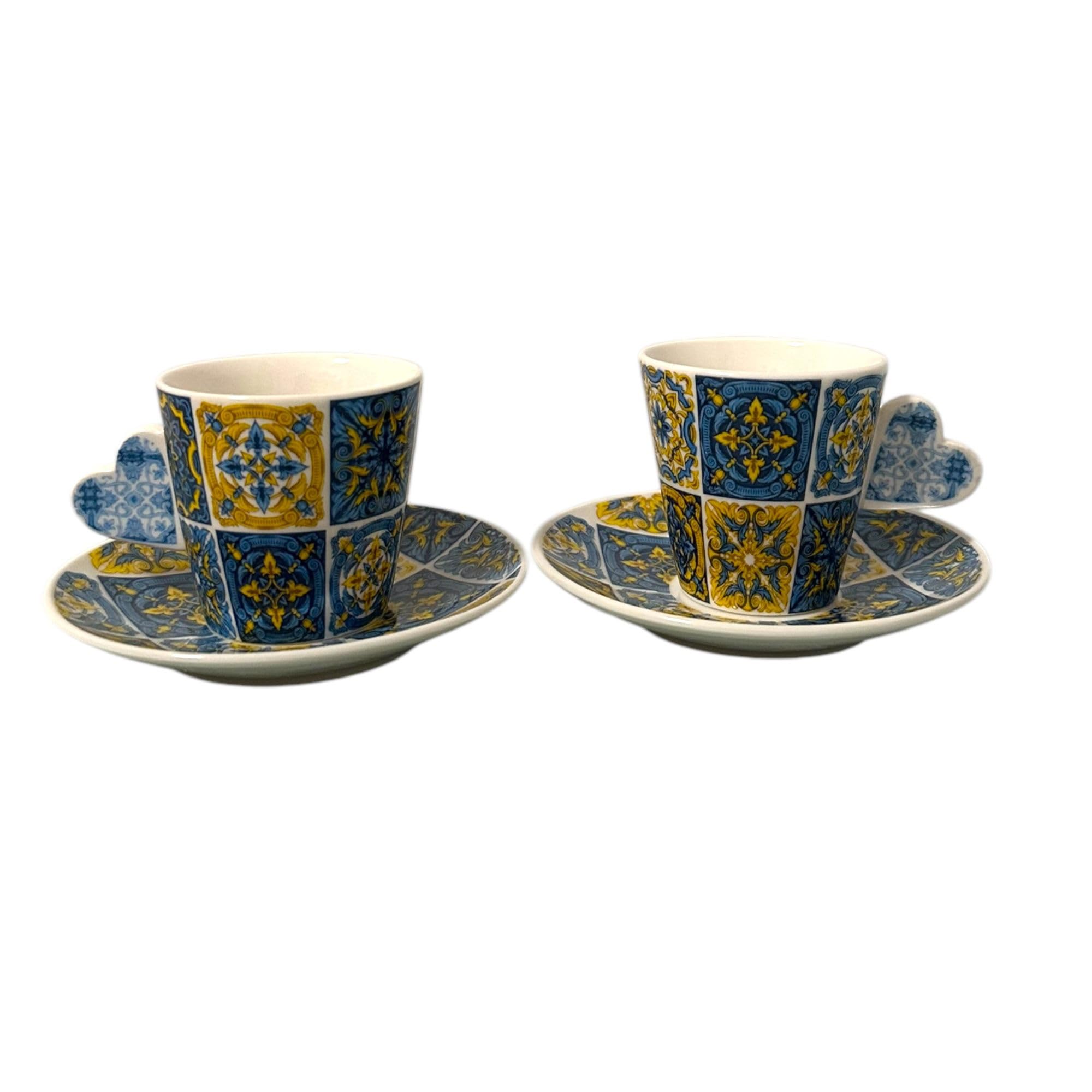 Portugal Azulejos handbemaltes Espresso-Set mit 2 Tassen, Keramik, Tee, Kaffee, Espressotassen, inklusive Geschenkbox, portugiesische Keramik, schönes Geschenk aus Portugal (gelbes & blaues Herz)