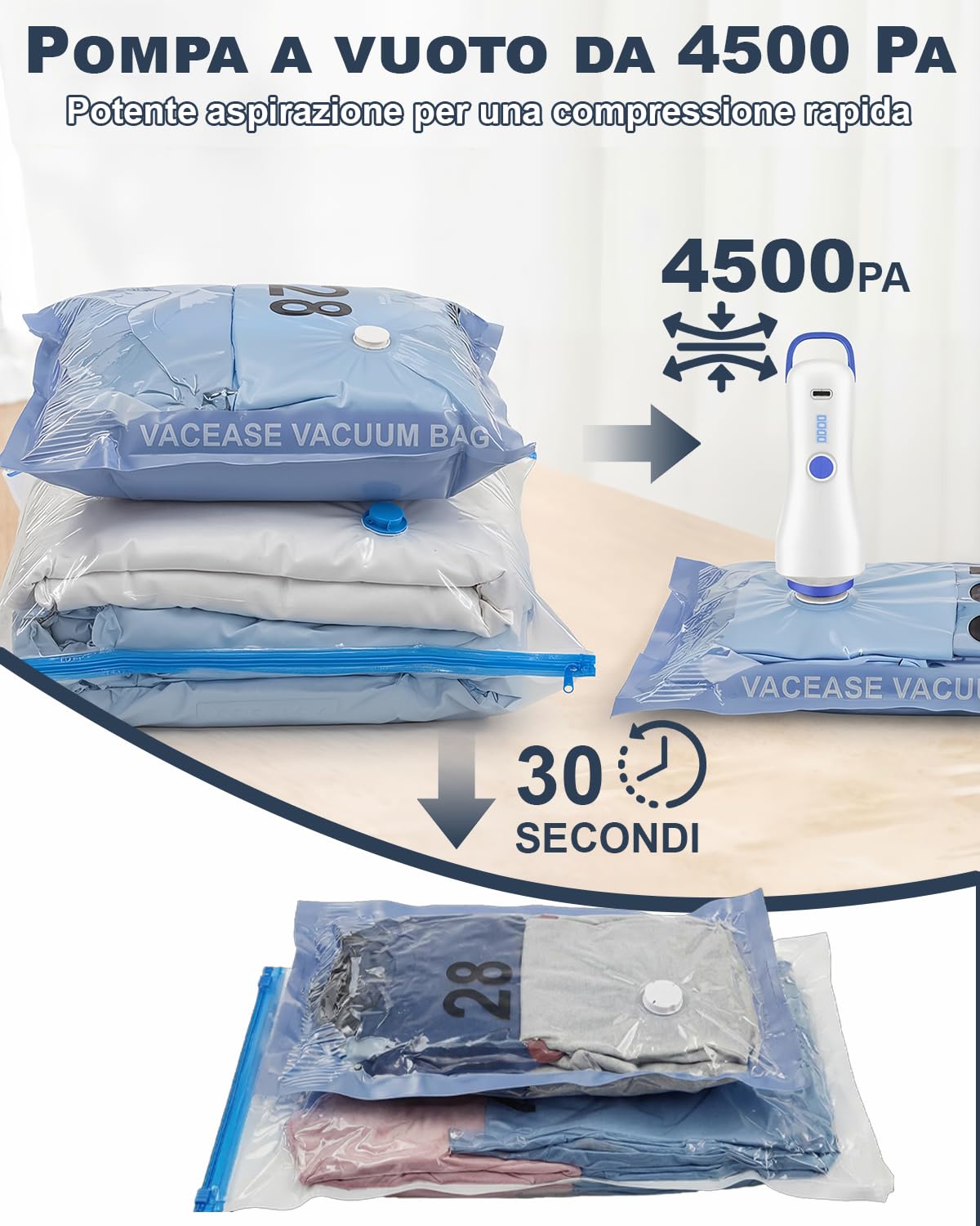 Sacchetti Sottovuoto Vestiti con Pompa Elettrica, 8 Buste Sottovuoto Vestiti (4 * 100x80cm, 4 * 74x54cm), Sacchi Sottovuoto Vestiti per Viaggi, Traslochi e Stoccaggio