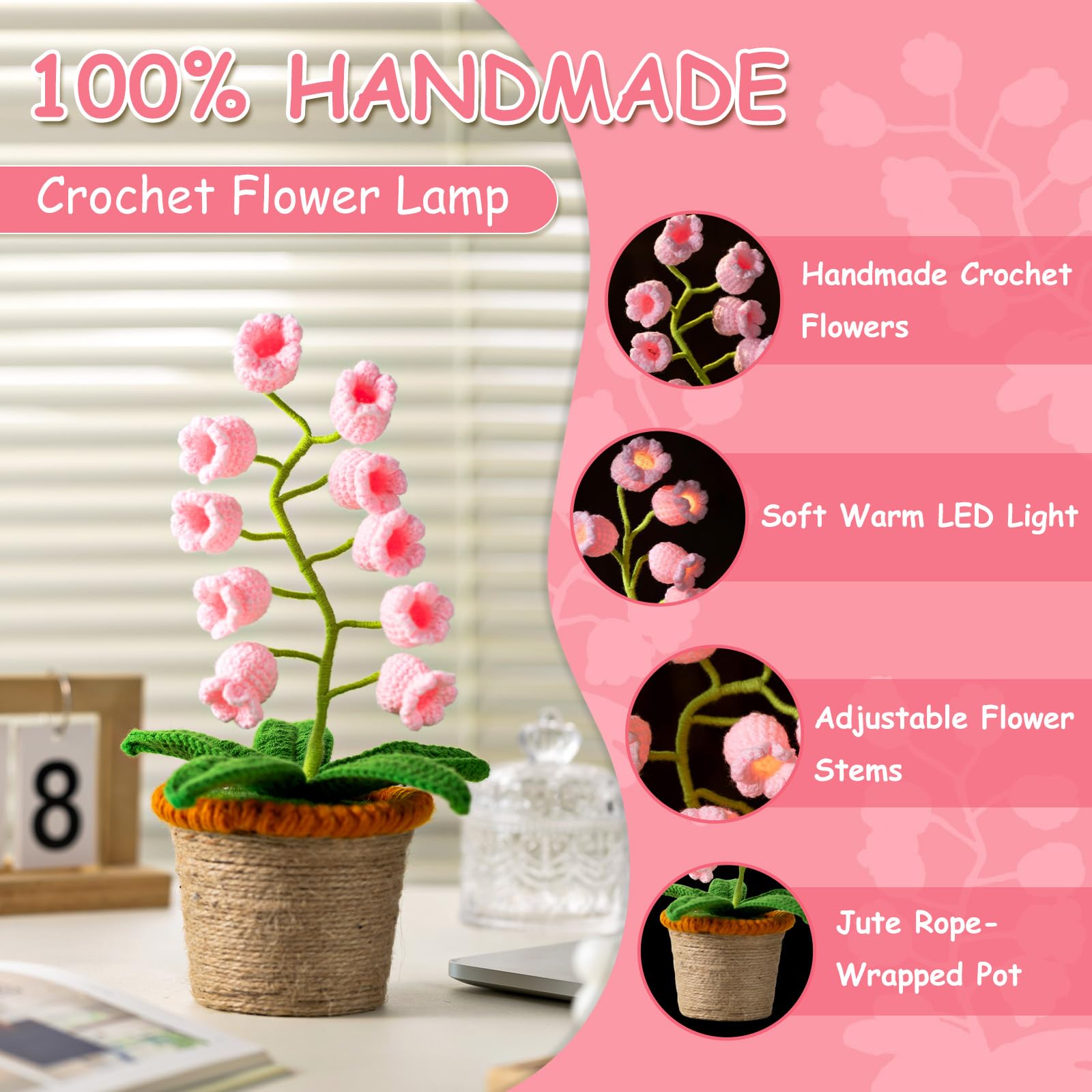 ANZRLE Lily of the Valley Crochet Flower Lamp, Handmade Cordless