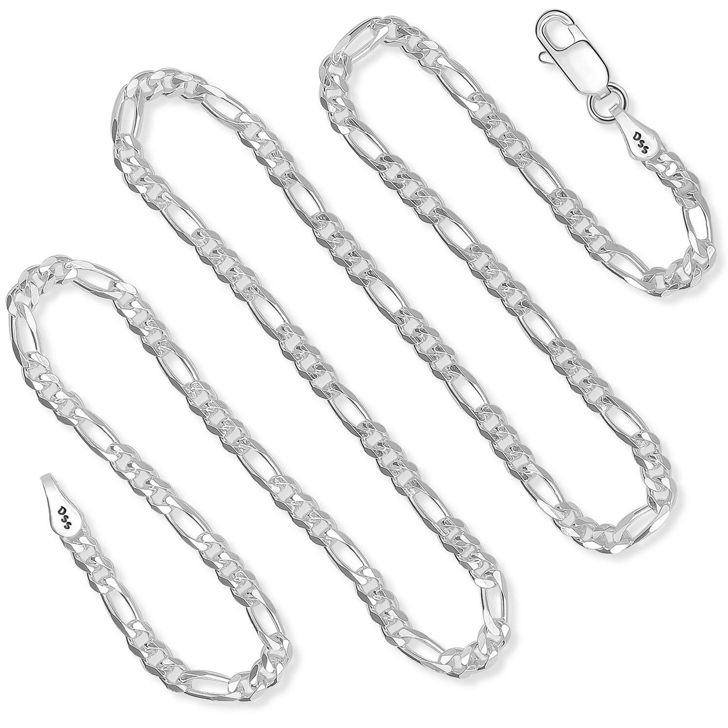 Designer Sterling Silver'925 Sterling Silver 3MM Figaro Chain Italian Necklace For Men & Women Lobster Claw Clasp 16''-36'''