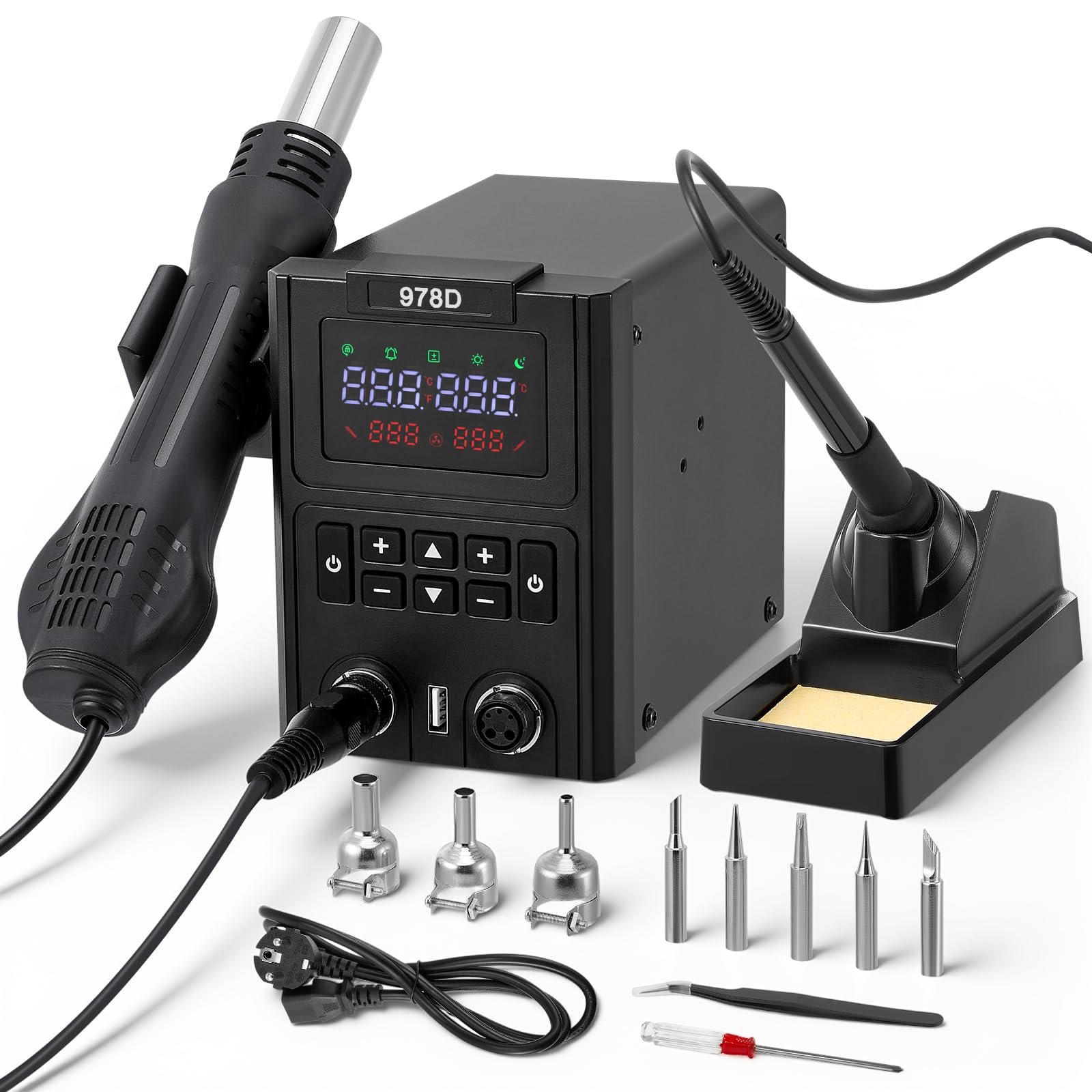 Stazione Saldante, Stazione Dissaldante Calda 2-in-1 per Ricottura con Schermo LCD, Ugelli a Cambio Rapido, Auto Start/Stop,Temperatura Regolabile e Volume D'aria, Ampia Gamma di Scenari Applicabili