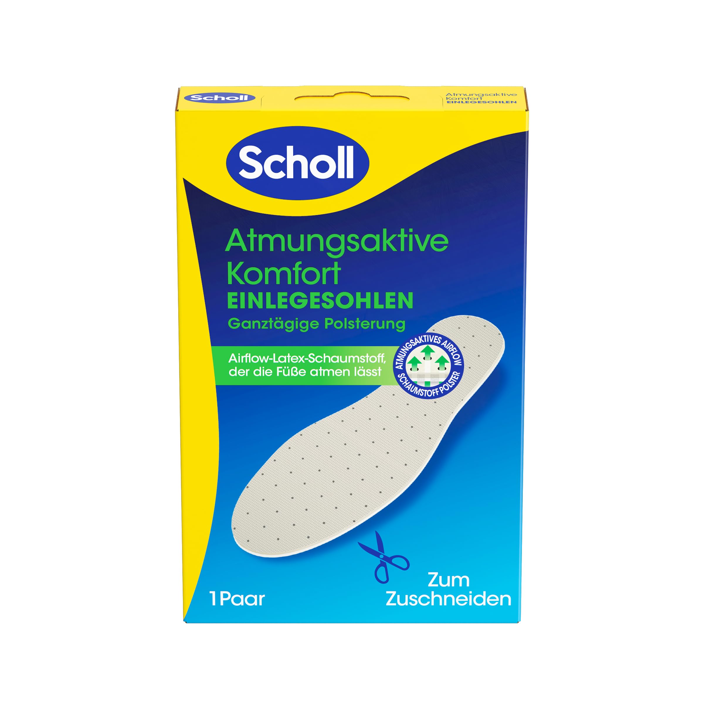 Scholl oddychające wkładki zapewniające całodniową amortyzację i komfort – z pianką lateksową Airflow, wspomagającą oddychanie stóp, biała warstwa pianki, dokładnie dopasowane wkładki do butów, 36-46