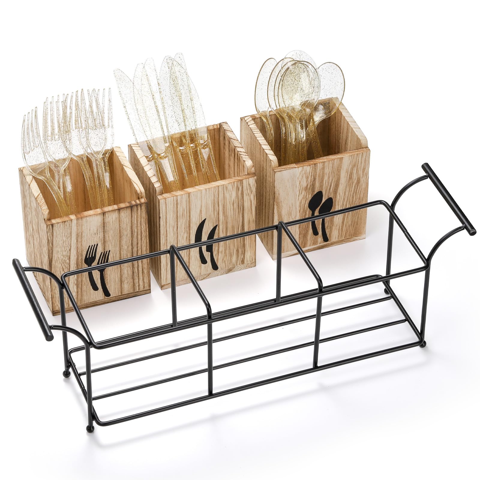 Soporte de utensilios de madera para fiestas, organizador grande de cubiertos de encimera con asa, 3 compartimentos desmontables, organizador de cocina con bandeja de metal para tenedor 3