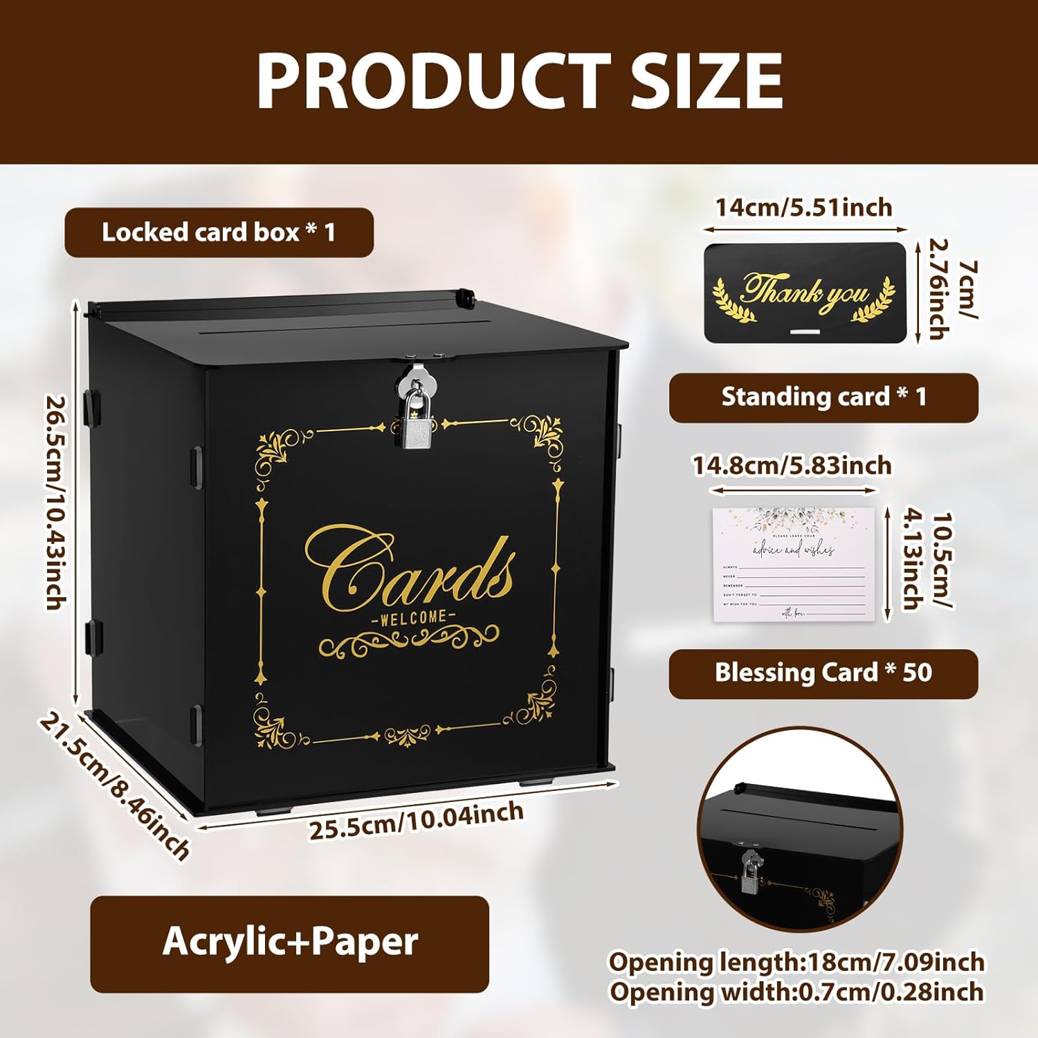 Acrylic Card Box Transparent Envelope Box Large Capacity Party Card Case Secure Locking for Party Anniversary(black,1 set)