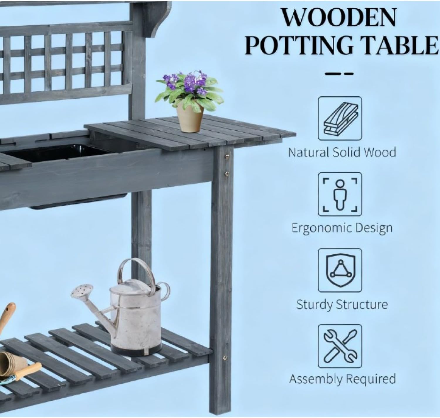 Wooden Workstation, Outdoor Potting Bench Table, with Sliding Tabletop, Storage Shelf and Dry Sink, for Greenhouse, Garden, Patio - Wood Grey