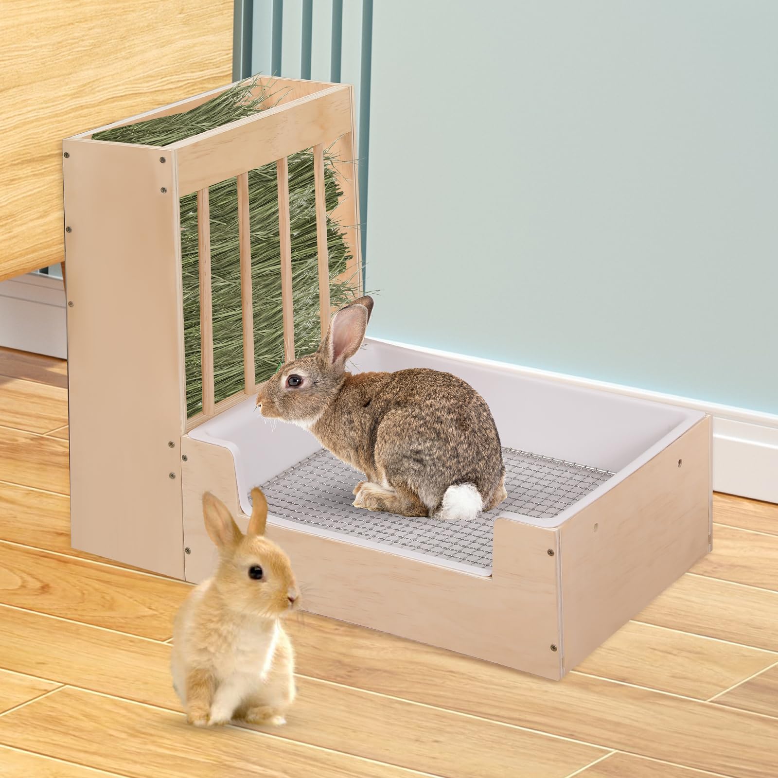 Großer 2-in-1 Heu- und Streu-Set für Kaninchen - Holzdesign, schmutzgeschützt für Meerschweinchen, Chinchillas, Hamster und Kaninchen