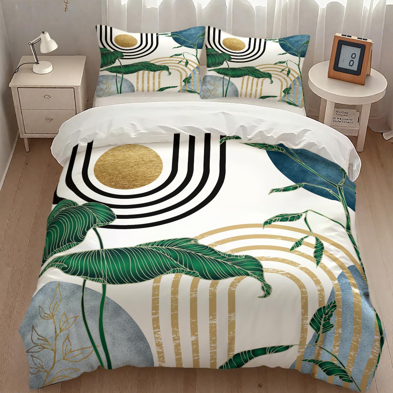 Mid Century Leaves Bedding Set,Modern Abstract Tropical Monstera Palm Leaf Plant Minimalist Spring Summer Bohemian Geometric Comforter Set with Pillowcase for Bedroom Bed Decor,Queen 90"x90"