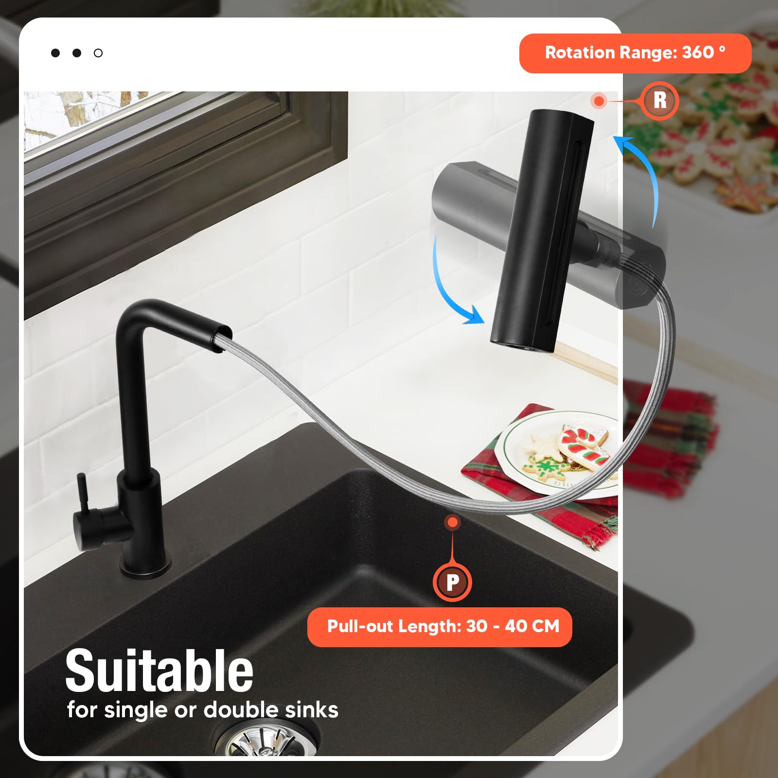Robinet cascade de cuisine extensible Mitigeur Cuisine Rotatif à 360° Robinet de Cuisine avec Pulvérisateur Extractible,4 Modes de Jet,Froid & Chaud Disponible (Noir)