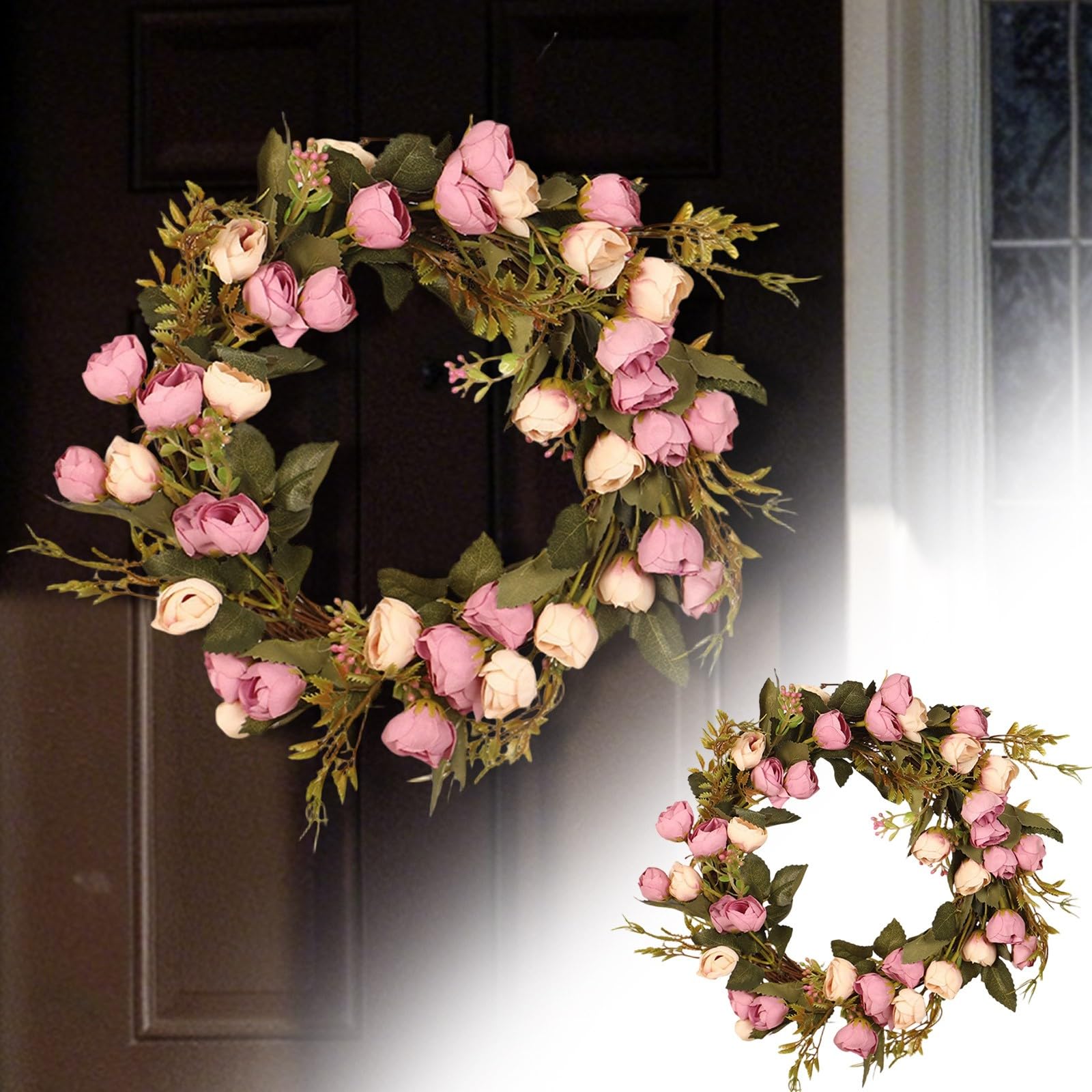 Corona de peonía artificial () - Corona de primavera para puerta de entrada, colgante de pared, ventana, decoración de boda, rosa viejo, decoración de dormitorio (púrpura, 30 x 30 x 2)
