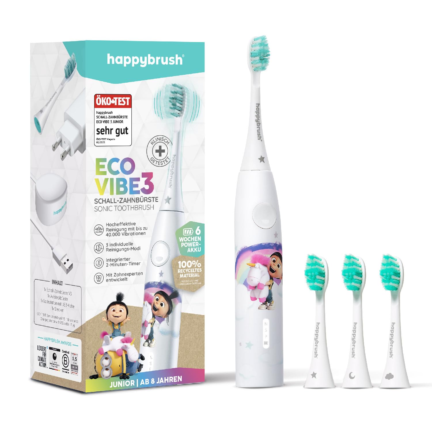 happybrush [Testsieger*] Elektrische Zahnbürste Für Kinder inkl. 3 Aufsteckbürsten, Sanfte Reinigung der Kinderzähne, Paw Patrol & Minions Agnes Design Einhorn (Agnes, 1x Set)