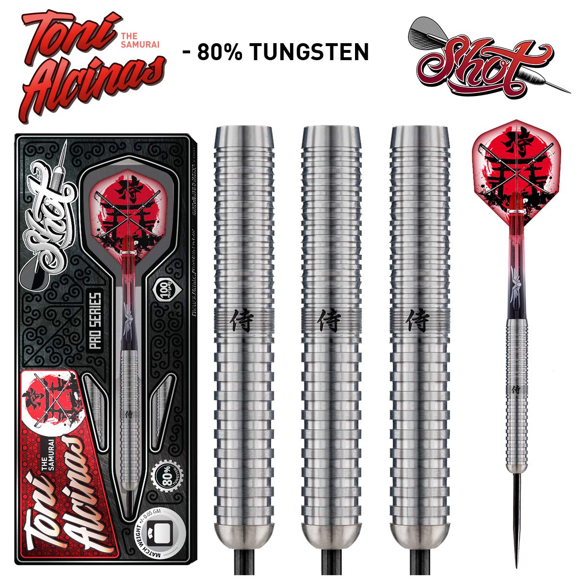 Shot! Darts Toni Alcinas Samurai Steel Tip Dart Set-Front Weighted-80% Tungsten Barrels (24)